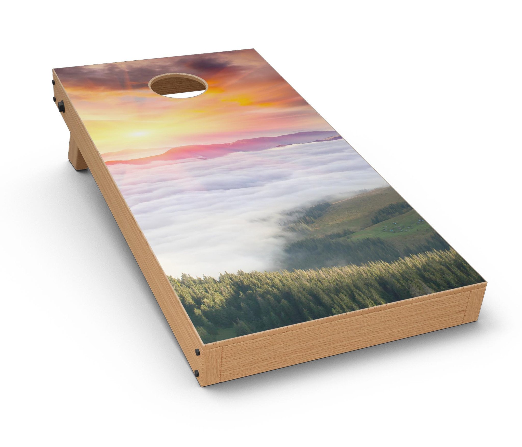 Foggy Mountainside CornHole Board Skin Decal Kit showcasing a beautiful mountain landscape design, perfect for customizing Cornhole boards.