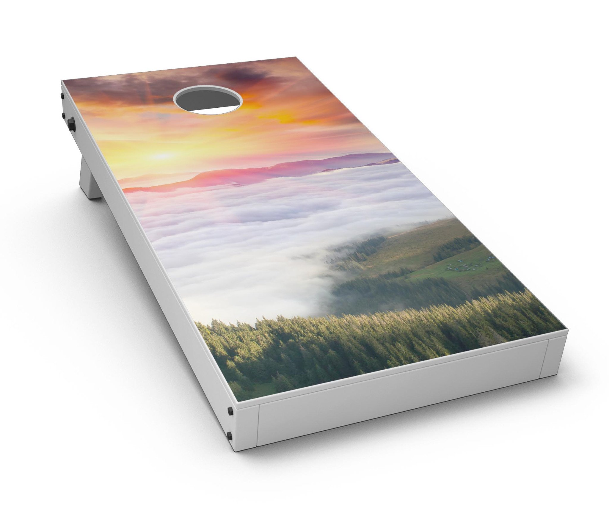 Foggy Mountainside CornHole Board Skin Decal Kit showcasing a beautiful mountain landscape design, perfect for customizing Cornhole boards.