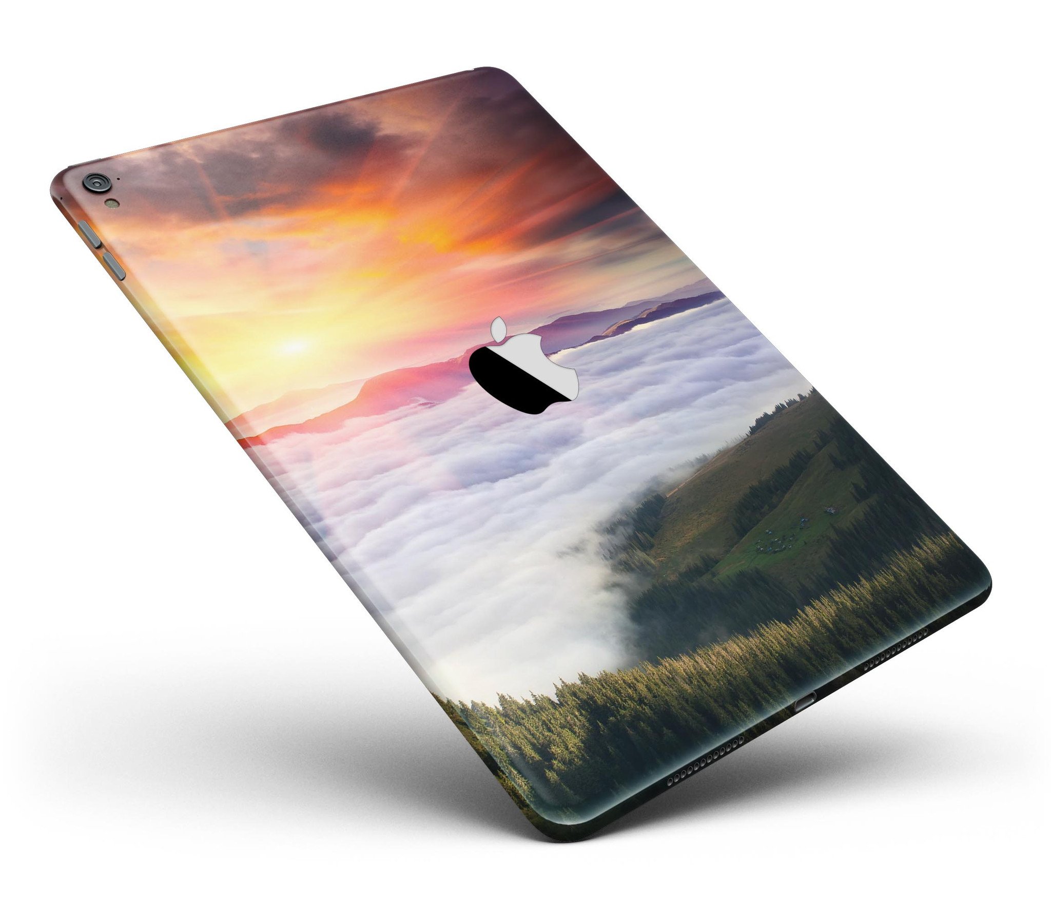 Foggy Mountainside Full Body Skin for iPad Pro, showcasing a scenic mountain design on a sleek vinyl surface.