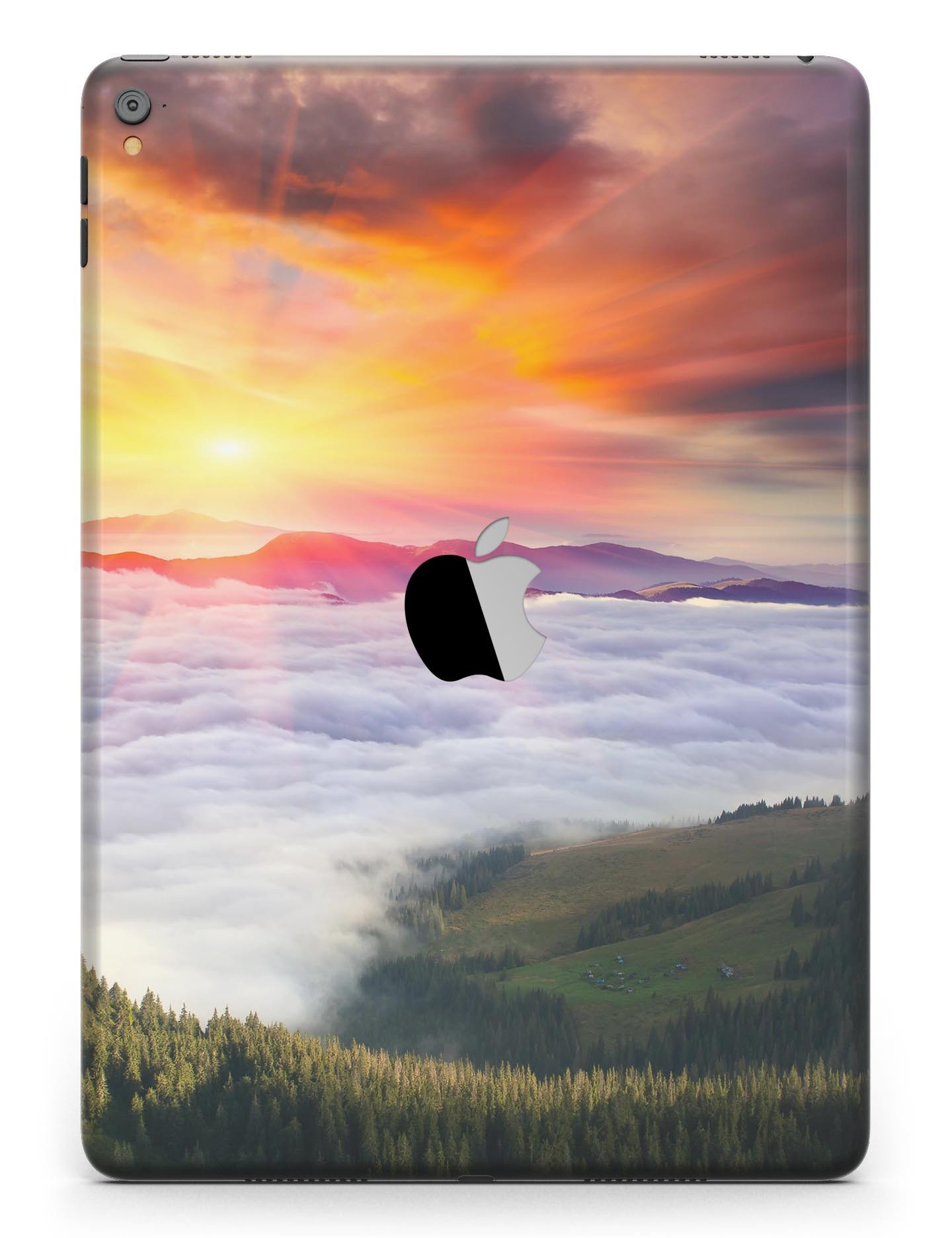 Foggy Mountainside Full Body Skin for iPad Pro, showcasing a scenic mountain design on a sleek vinyl surface.