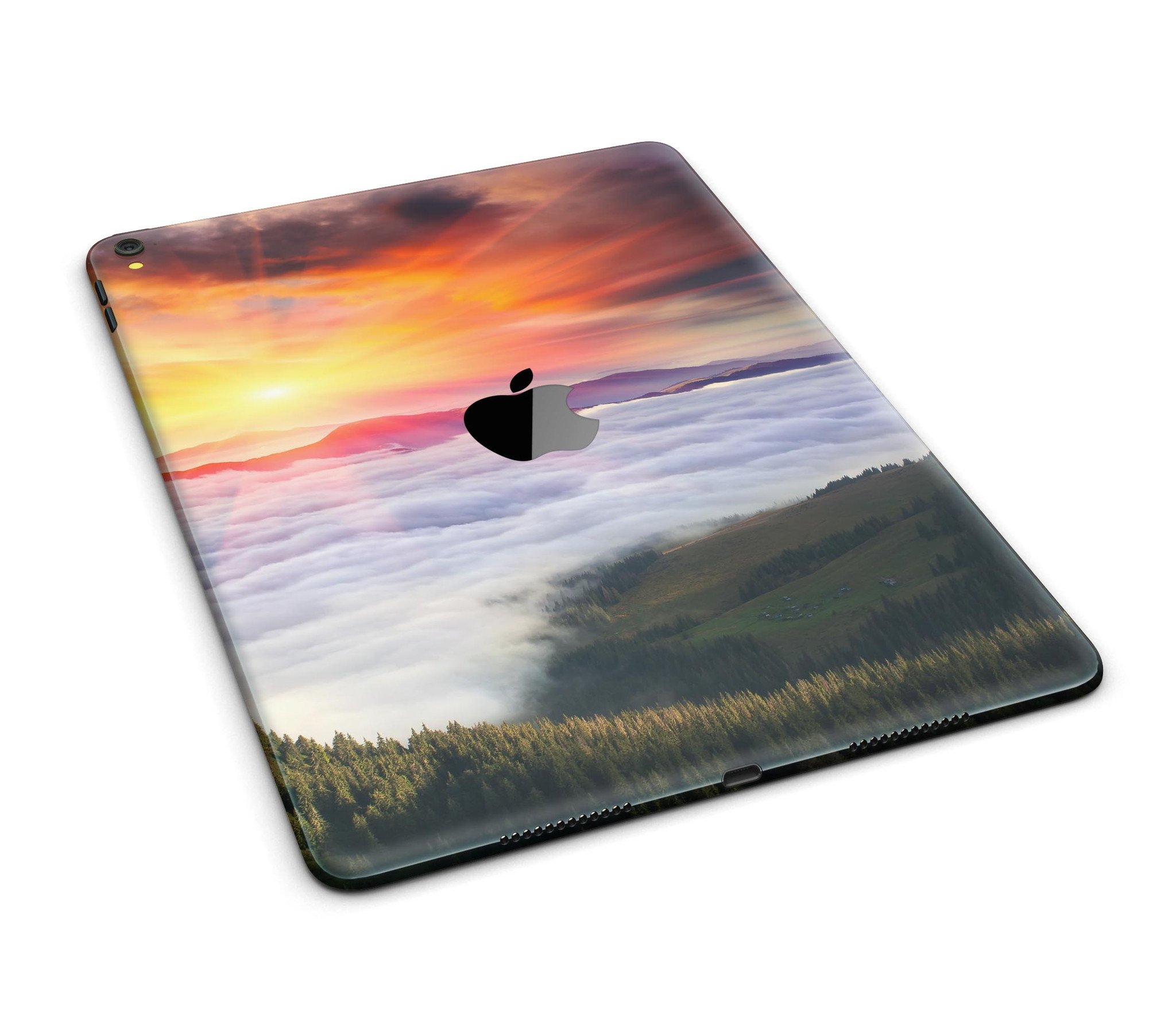 Foggy Mountainside Full Body Skin for iPad Pro, showcasing a scenic mountain design on a sleek vinyl surface.