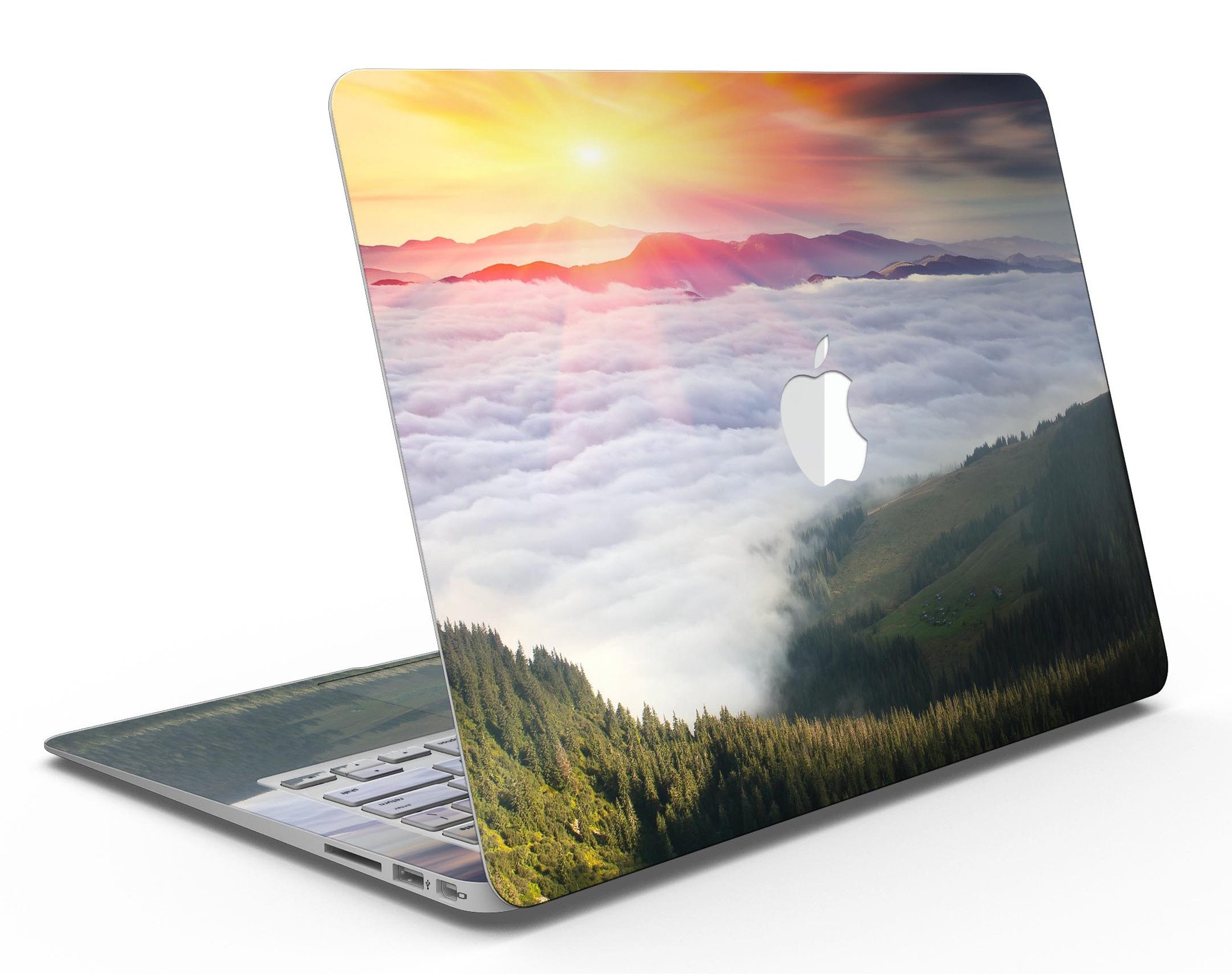 Foggy Mountainside MacBook Air Skin Kit showcasing a scenic mountain design on a sleek laptop surface.