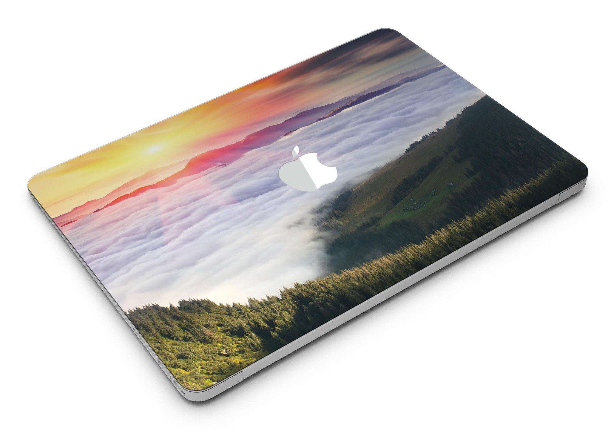 Foggy Mountainside MacBook Air Skin Kit showcasing a scenic mountain design on a sleek laptop surface.