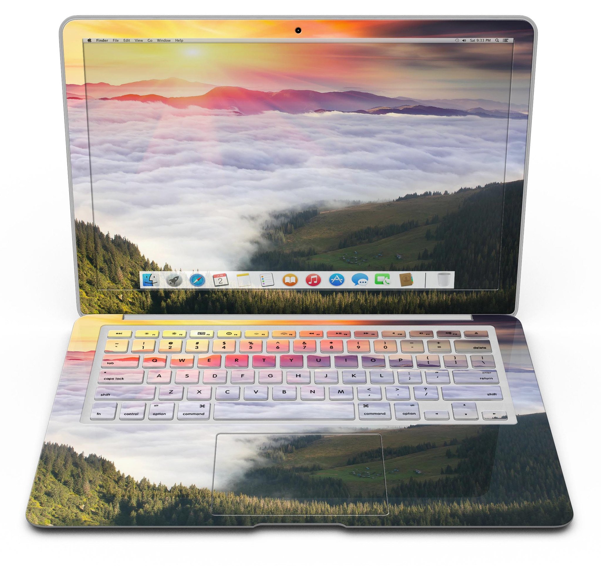 Foggy Mountainside MacBook Air Skin Kit showcasing a scenic mountain design on a sleek laptop surface.