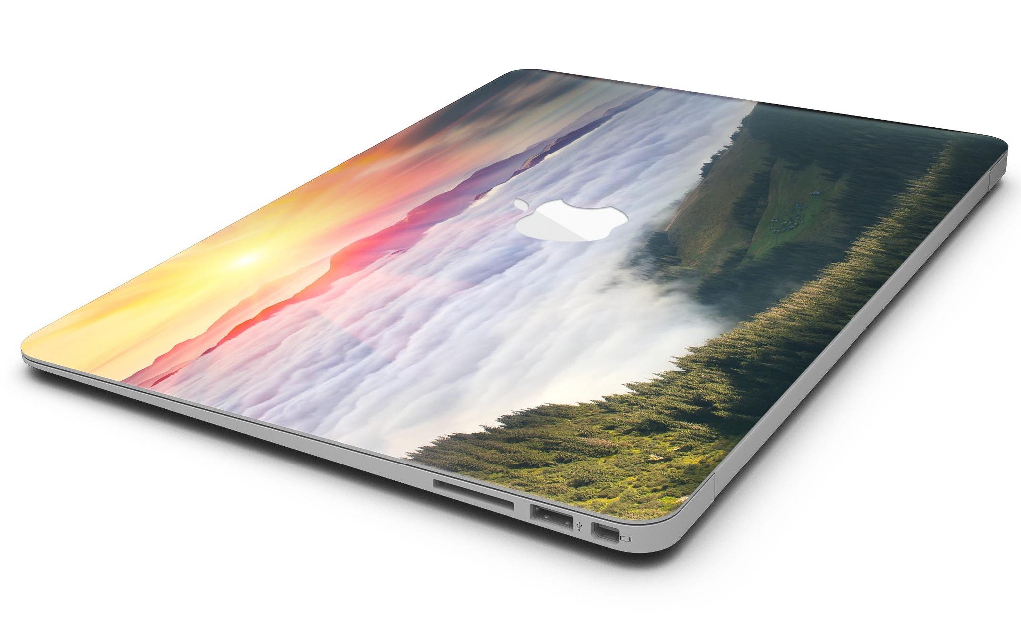 Foggy Mountainside MacBook Air Skin Kit showcasing a scenic mountain design on a sleek laptop surface.