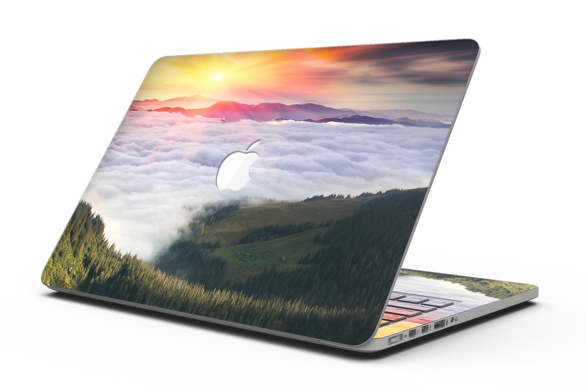 Foggy Mountainside design skin for MacBook Pro with Retina Display, showcasing a serene mountain landscape on a sleek vinyl surface.