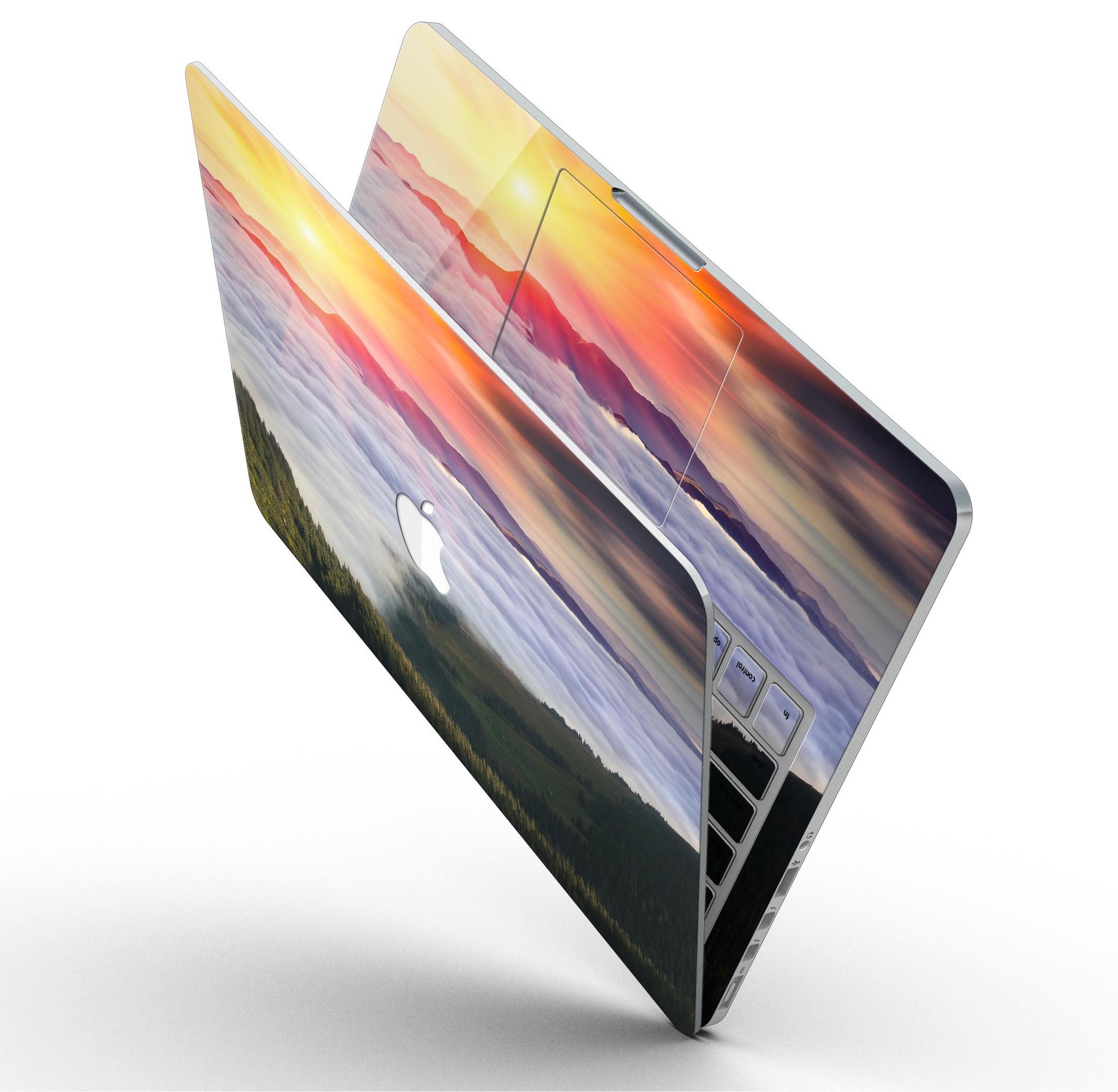 Foggy Mountainside design skin for MacBook Pro with Retina Display, showcasing a serene mountain landscape on a sleek vinyl surface.