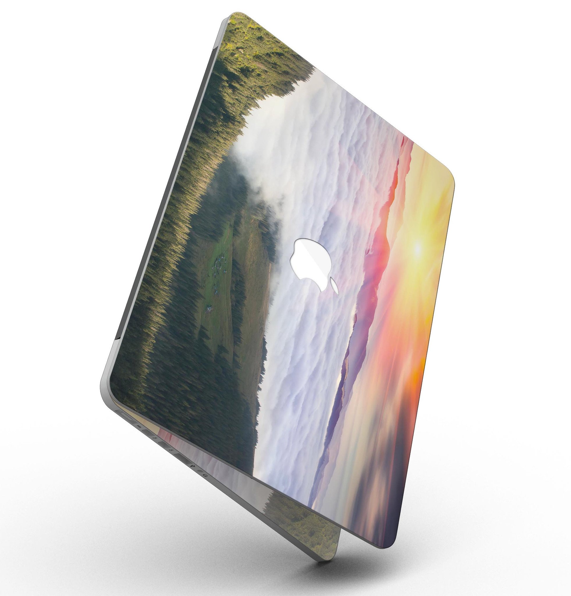 Foggy Mountainside design skin for MacBook Pro with Retina Display, showcasing a serene mountain landscape on a sleek vinyl surface.