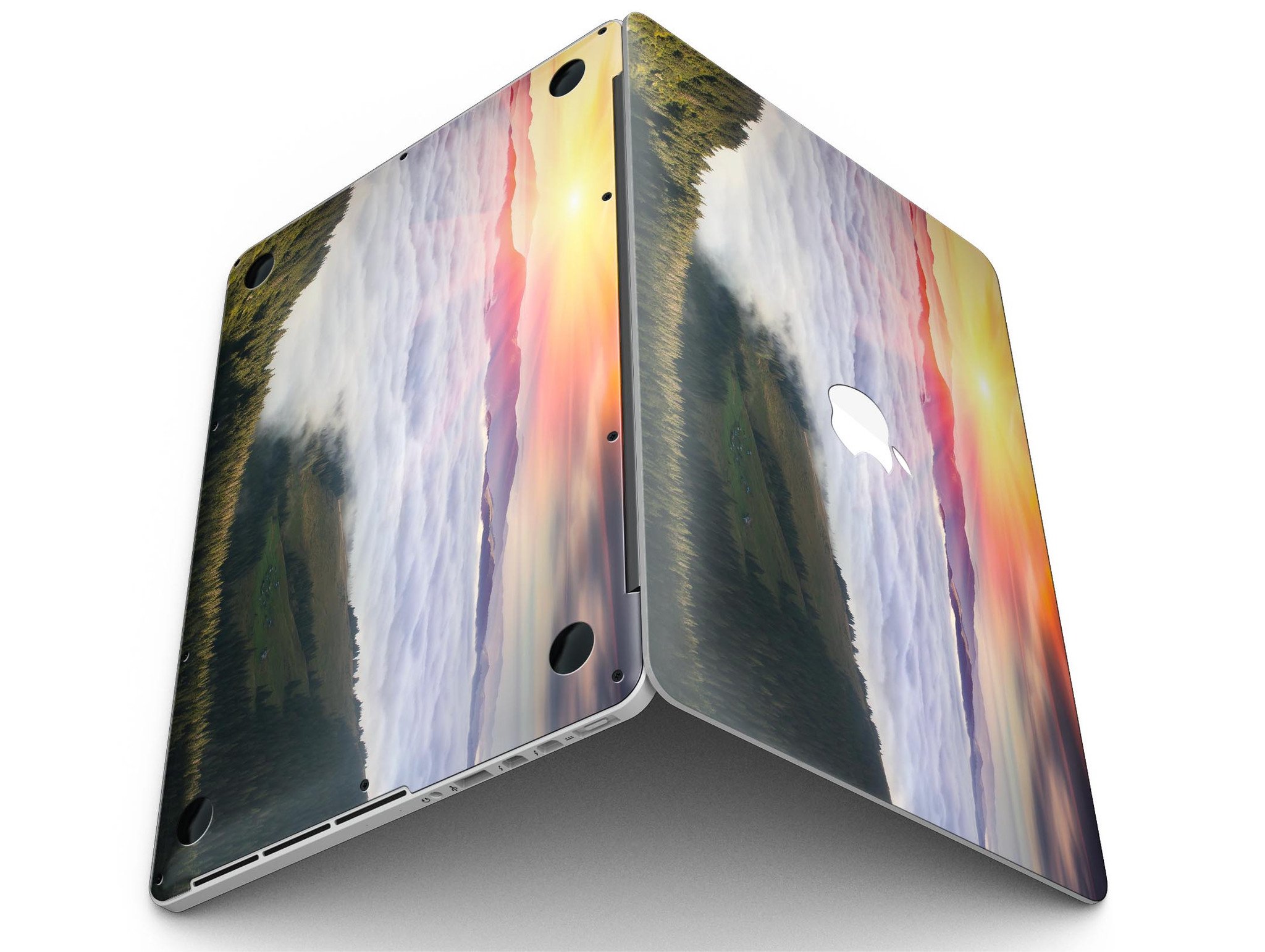 Foggy Mountainside design skin for MacBook Pro with Retina Display, showcasing a serene mountain landscape on a sleek vinyl surface.