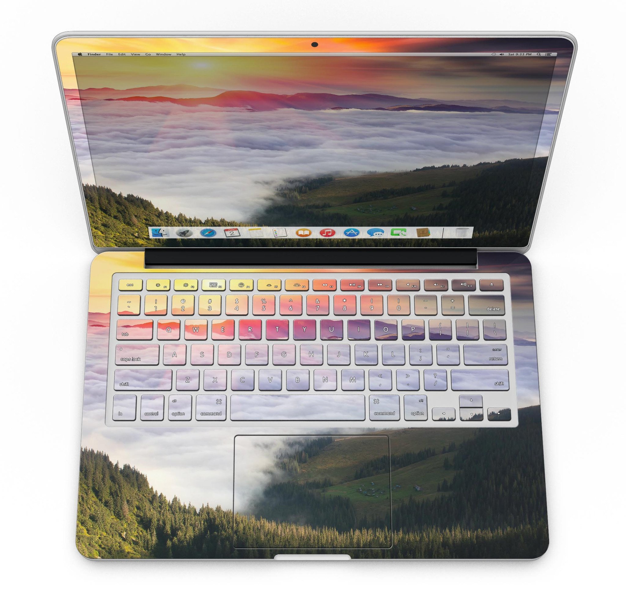 Foggy Mountainside design skin for MacBook Pro with Retina Display, showcasing a serene mountain landscape on a sleek vinyl surface.