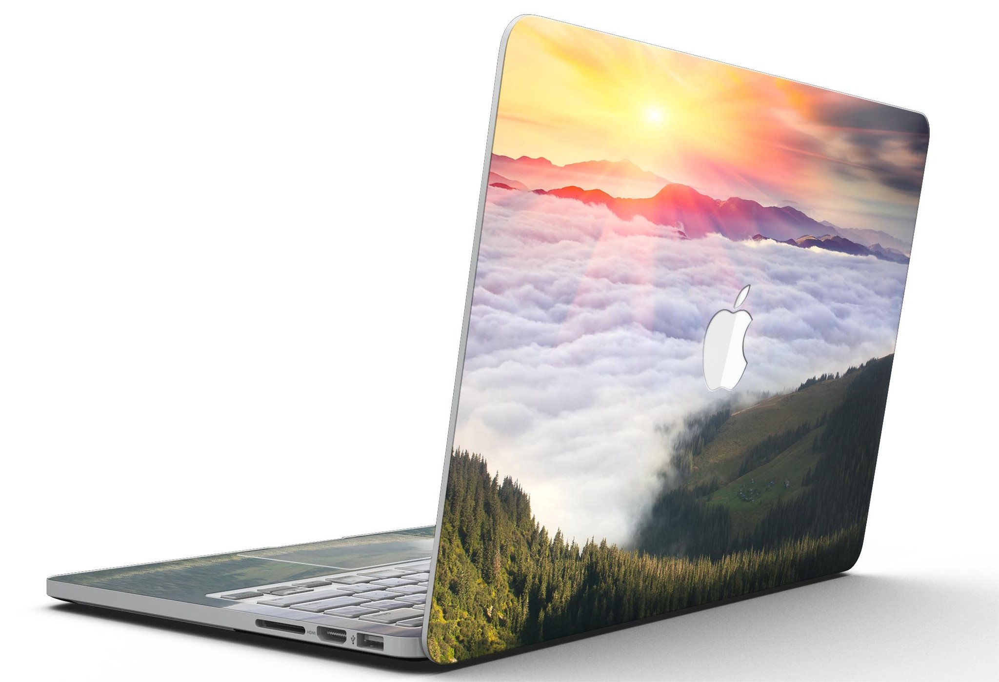 Foggy Mountainside design skin for MacBook Pro with Retina Display, showcasing a serene mountain landscape on a sleek vinyl surface.