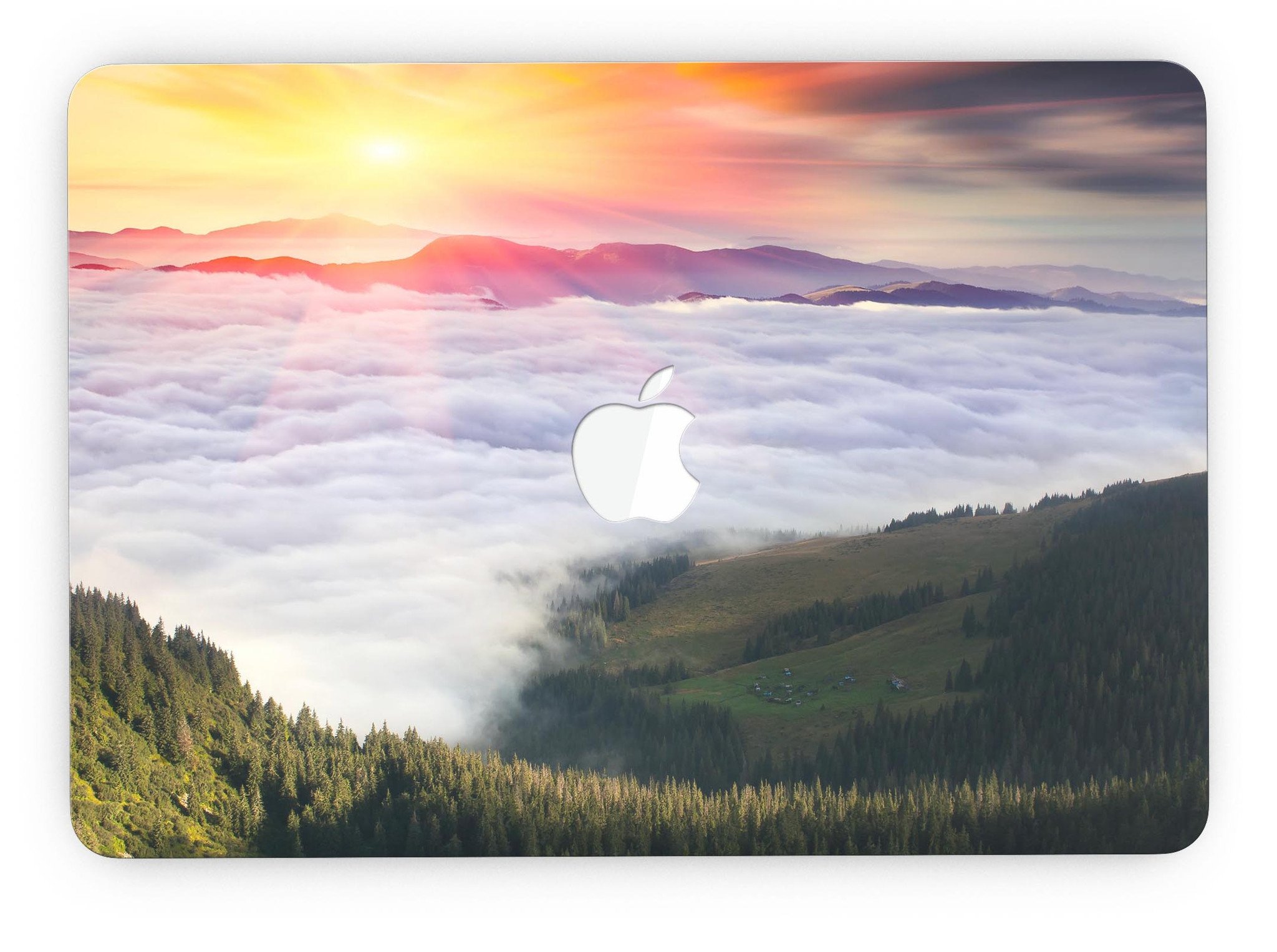 Foggy Mountainside design skin for MacBook Pro with Retina Display, showcasing a serene mountain landscape on a sleek vinyl surface.