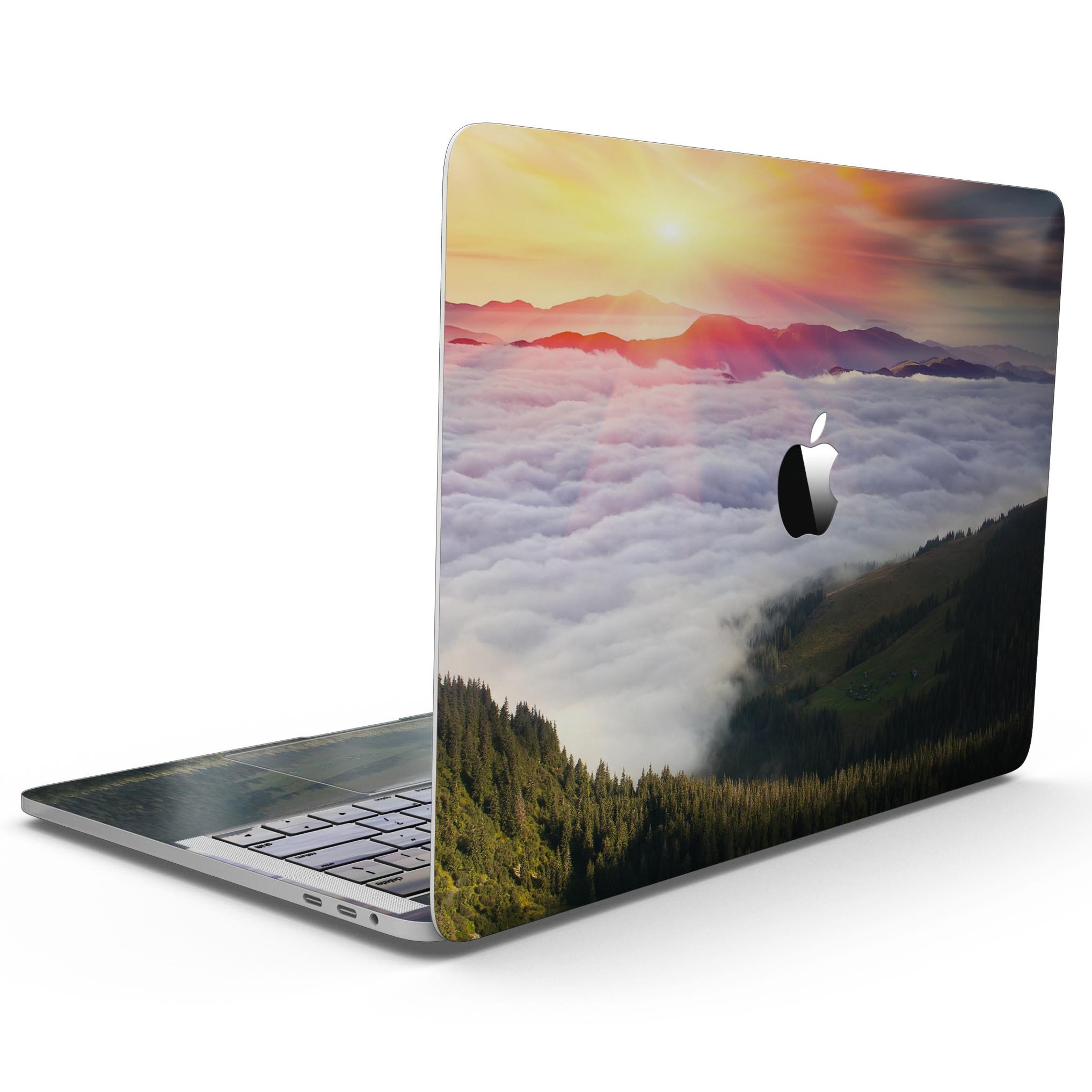 Foggy Mountainside skin kit for MacBook Pro with Touch Bar, showcasing a beautiful mountain landscape design on premium vinyl.