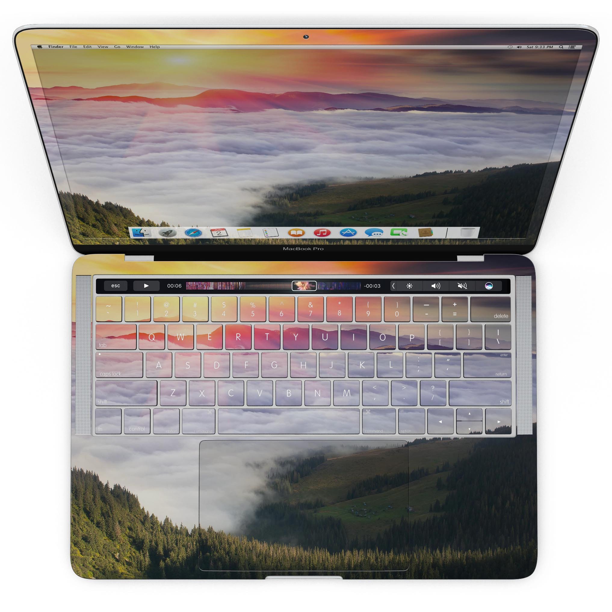 Foggy Mountainside skin kit for MacBook Pro with Touch Bar, showcasing a beautiful mountain landscape design on premium vinyl.