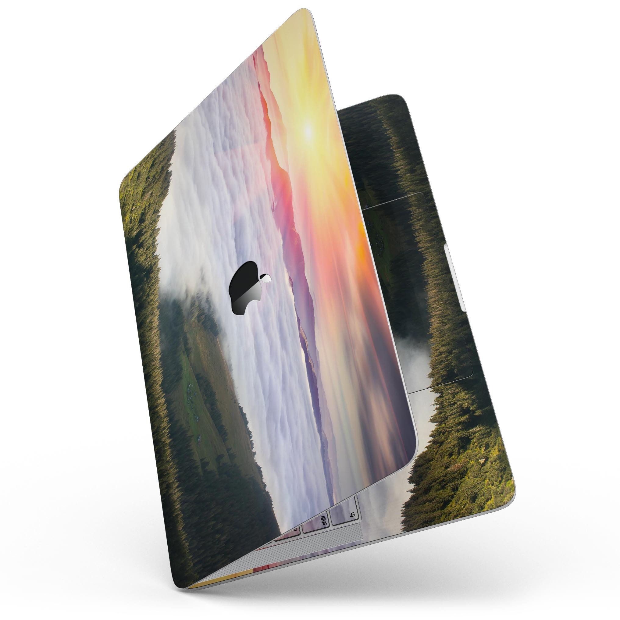 Foggy Mountainside skin kit for MacBook Pro with Touch Bar, showcasing a beautiful mountain landscape design on premium vinyl.