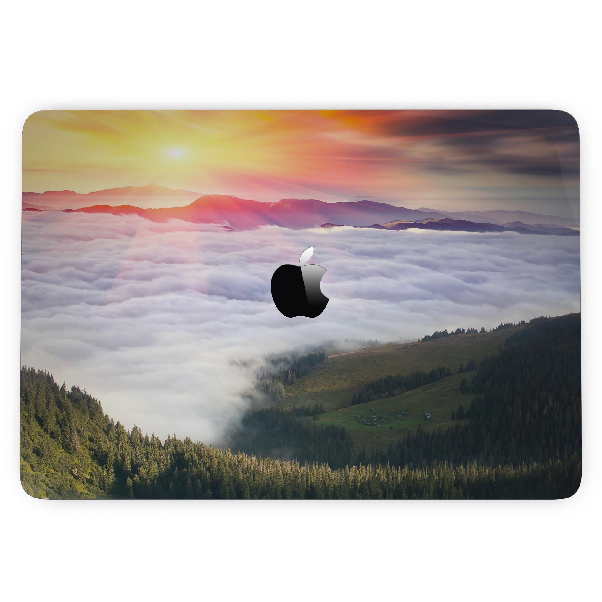 Foggy Mountainside skin kit for MacBook Pro with Touch Bar, showcasing a beautiful mountain landscape design on premium vinyl.