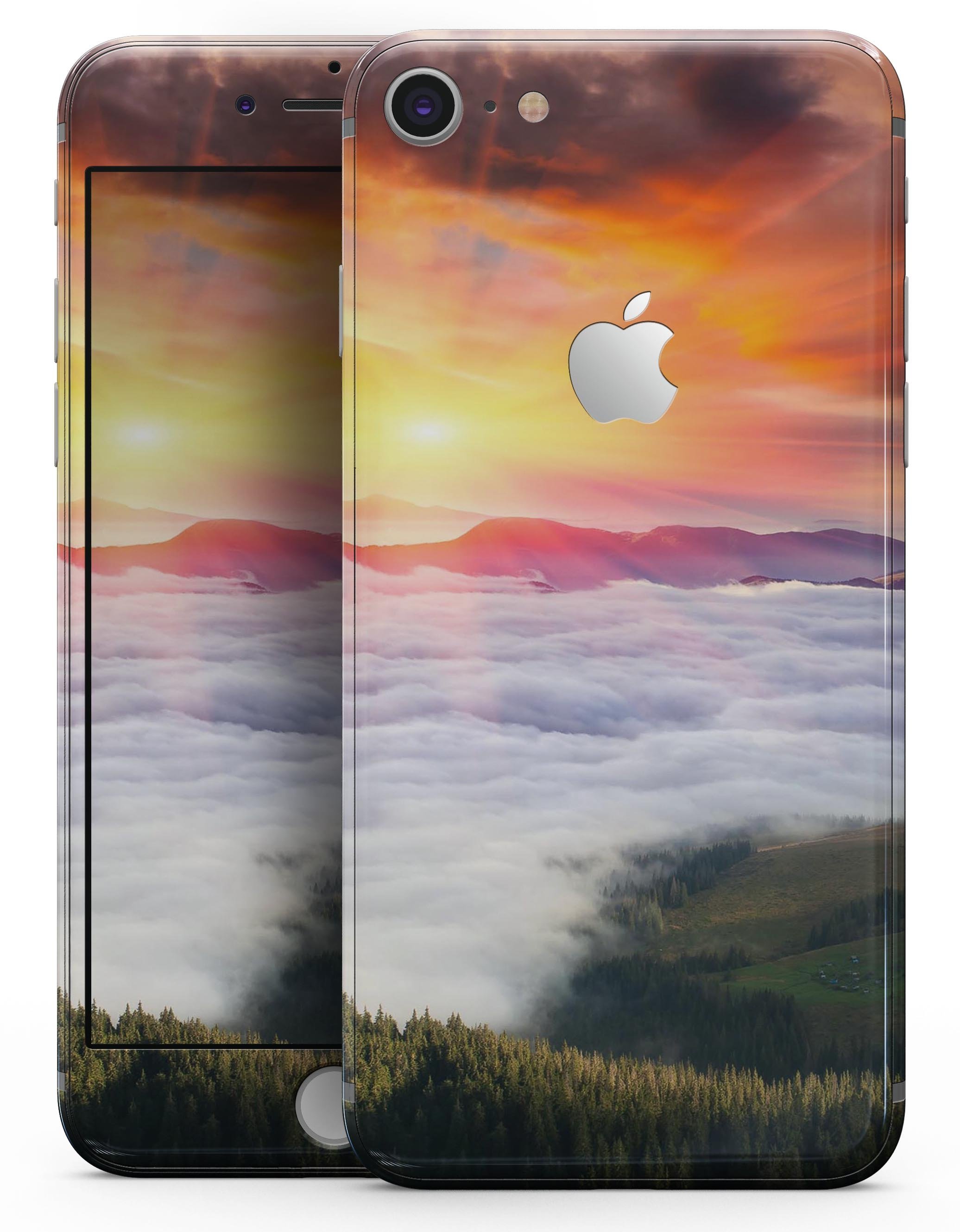 Foggy Mountainside skin-kit for iPhone 8 and 8 Plus, showcasing a scenic design with a premium vinyl finish.