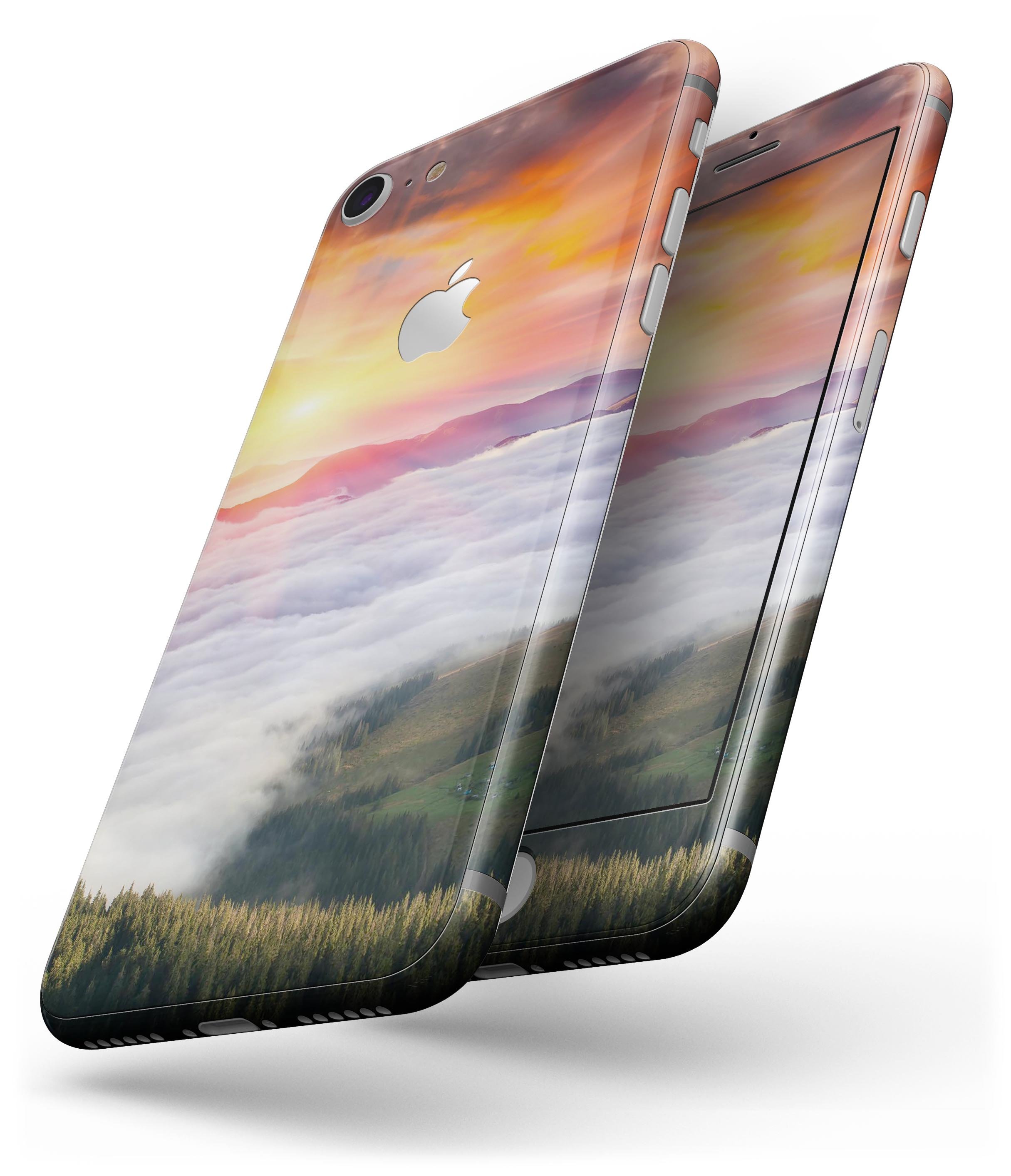 Foggy Mountainside skin-kit for iPhone 8 and 8 Plus, showcasing a scenic design with a premium vinyl finish.