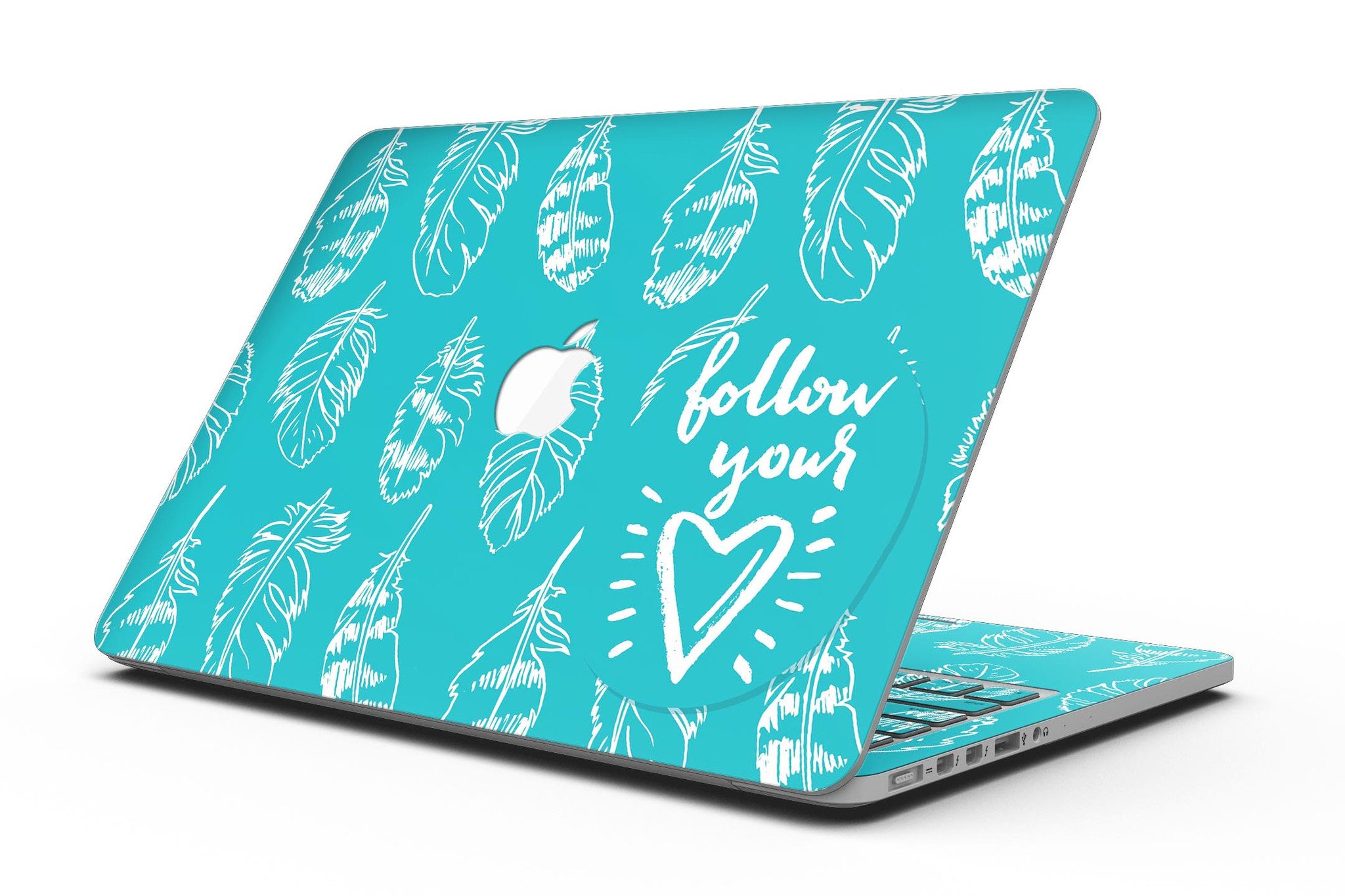 Colorful Follow Your Heart Feathers skin on a MacBook Pro with Retina Display, showcasing vibrant design and sleek fit.