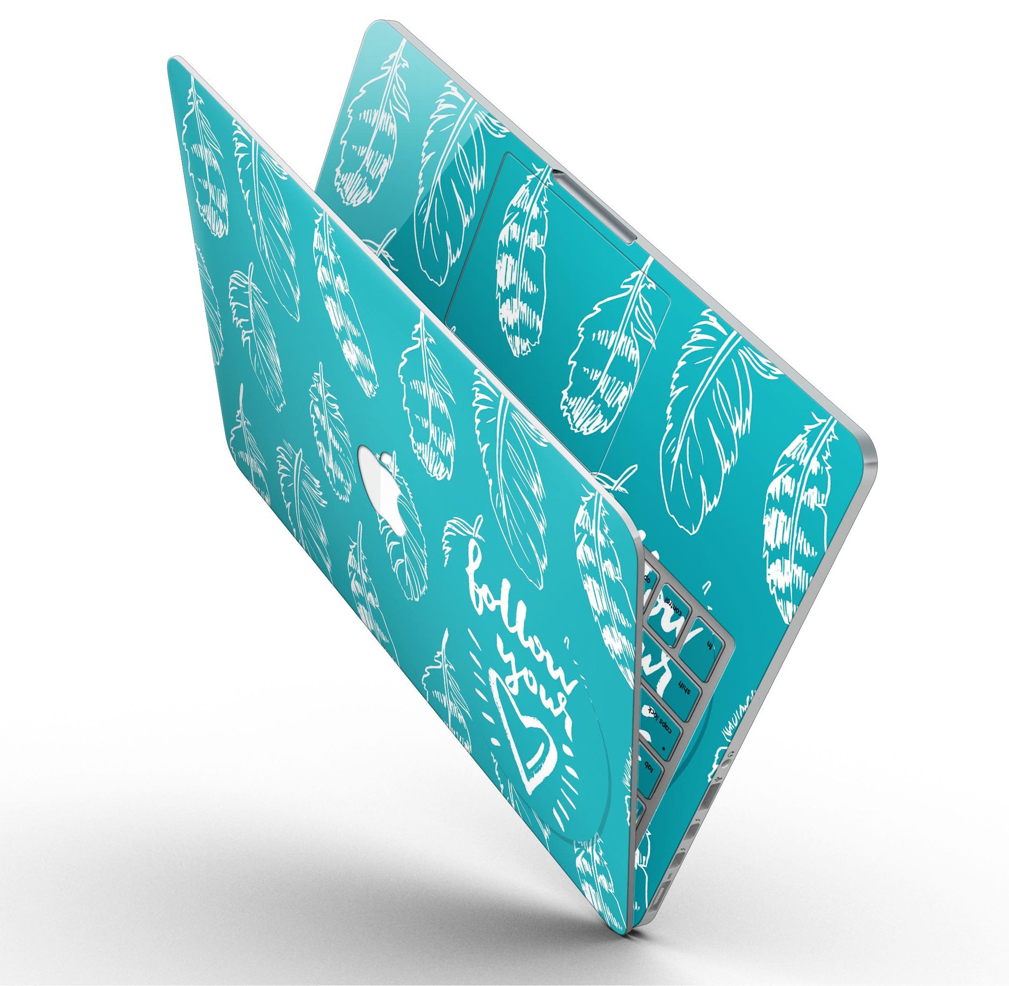 Colorful Follow Your Heart Feathers skin on a MacBook Pro with Retina Display, showcasing vibrant design and sleek fit.