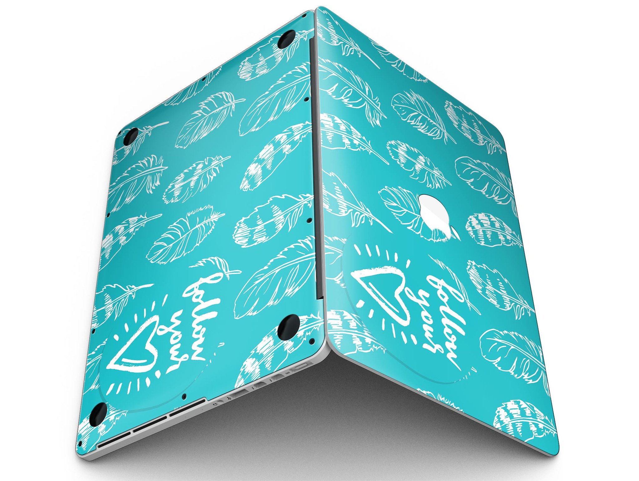 Colorful Follow Your Heart Feathers skin on a MacBook Pro with Retina Display, showcasing vibrant design and sleek fit.