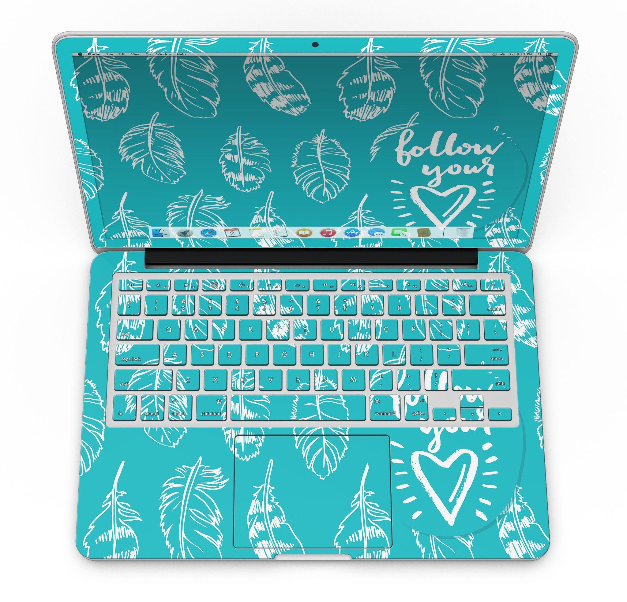 Colorful Follow Your Heart Feathers skin on a MacBook Pro with Retina Display, showcasing vibrant design and sleek fit.