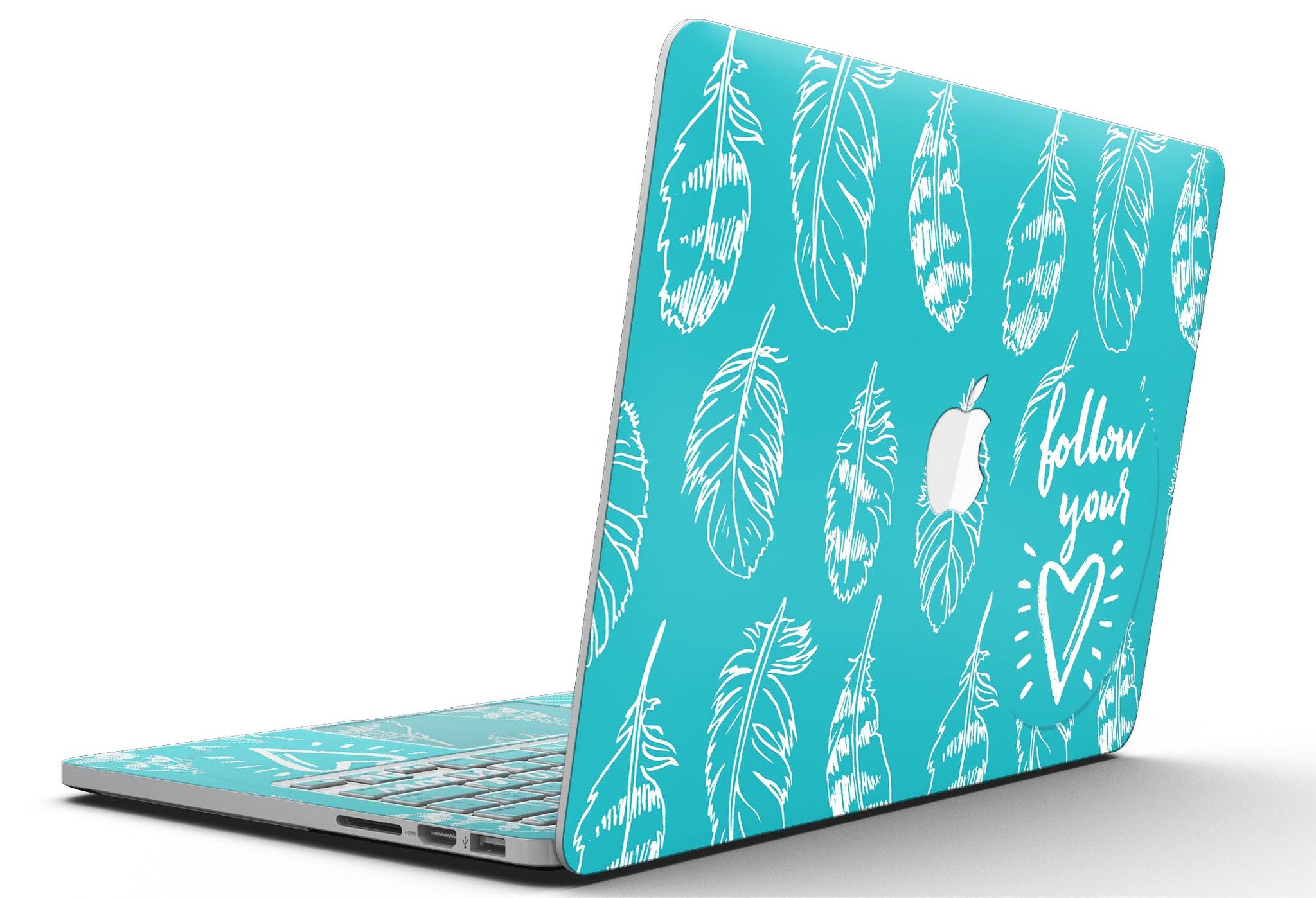 Colorful Follow Your Heart Feathers skin on a MacBook Pro with Retina Display, showcasing vibrant design and sleek fit.