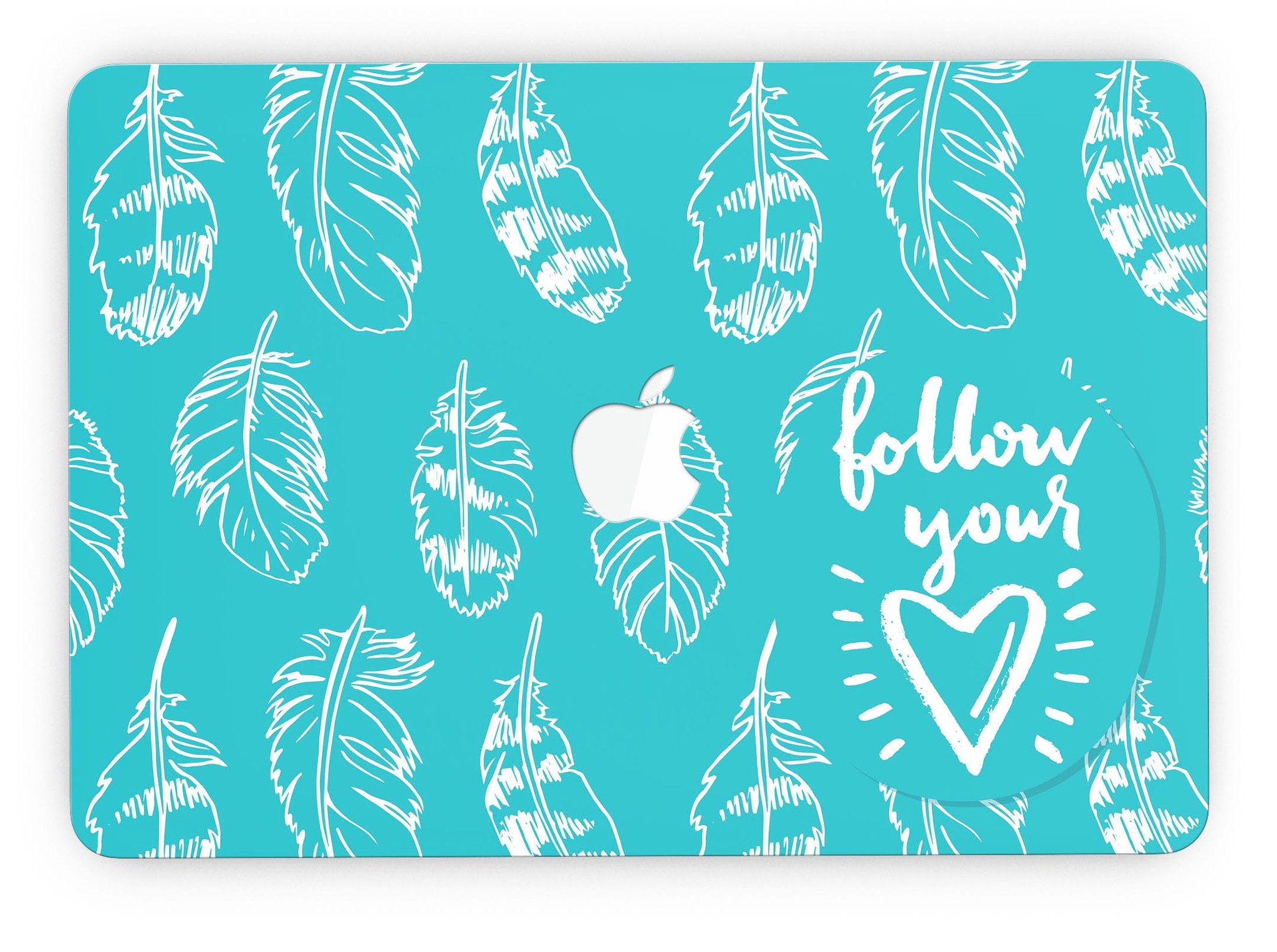 Colorful Follow Your Heart Feathers skin on a MacBook Pro with Retina Display, showcasing vibrant design and sleek fit.