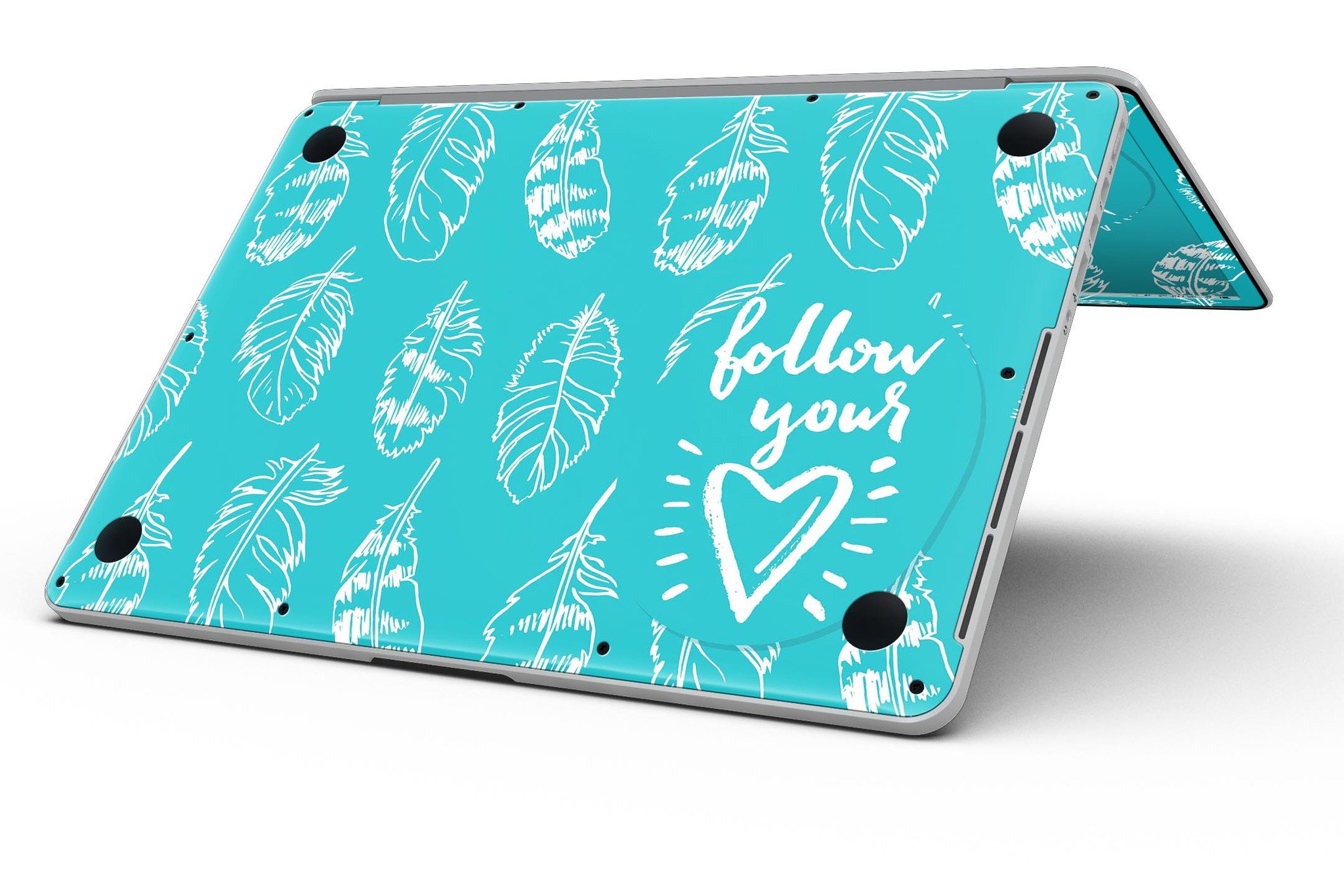 Colorful Follow Your Heart Feathers skin on a MacBook Pro with Retina Display, showcasing vibrant design and sleek fit.