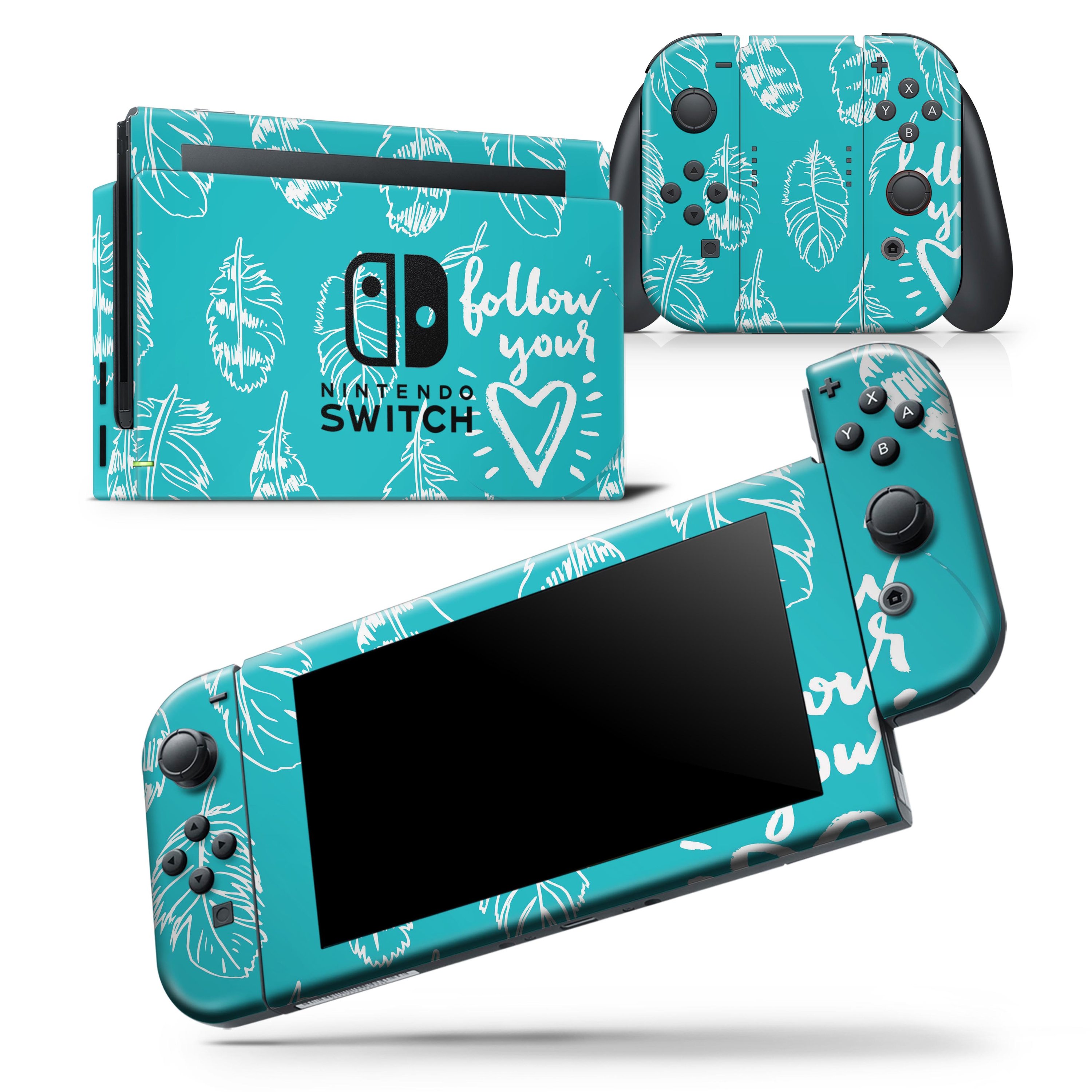 Follow Your Heart Feathers skin wrap decal for Nintendo Switch Lite, showcasing vibrant colors and intricate feather design.