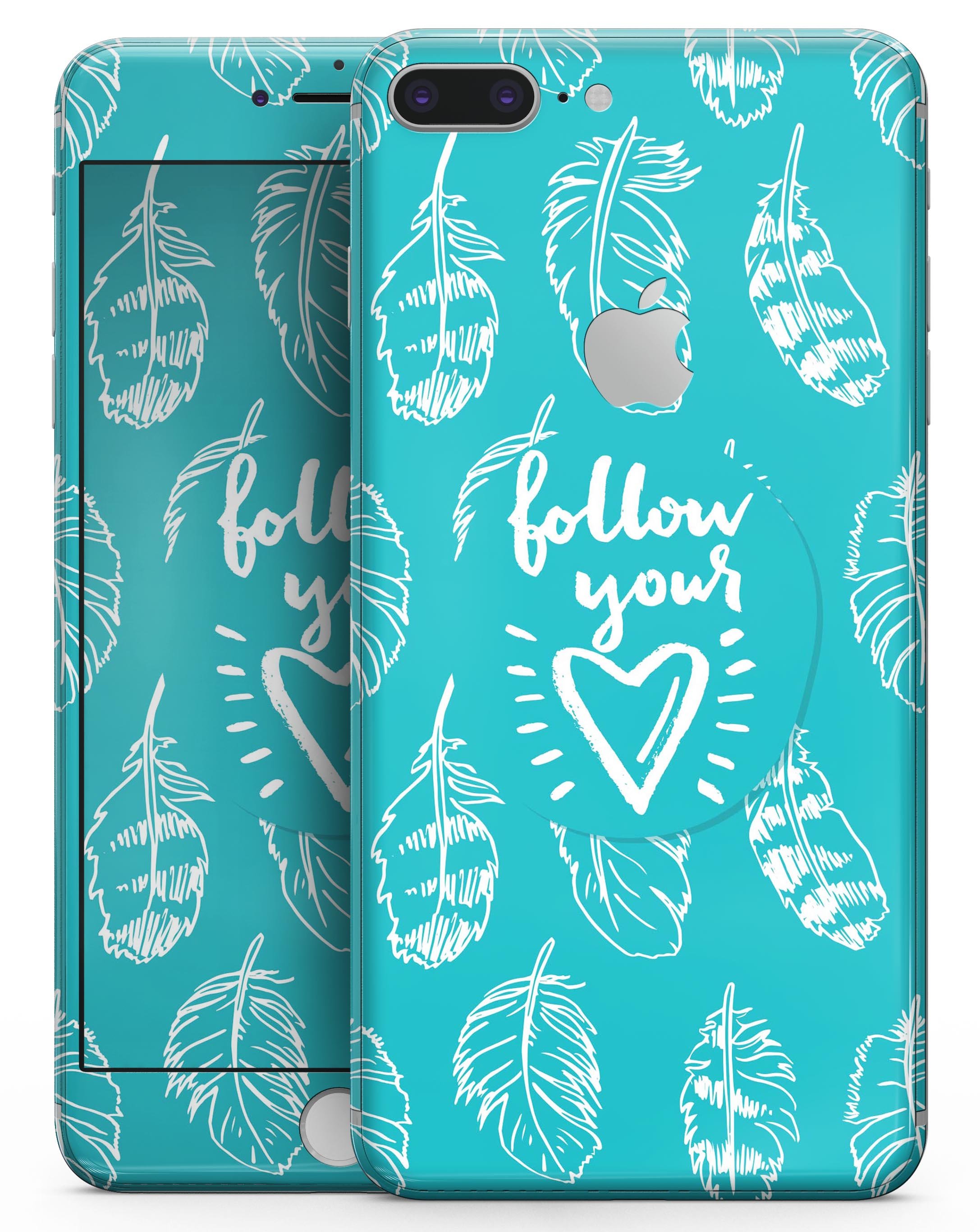 Follow Your Heart Feathers skin-kit for iPhone 8 or 8 Plus, showcasing a colorful feather design on a sleek device.