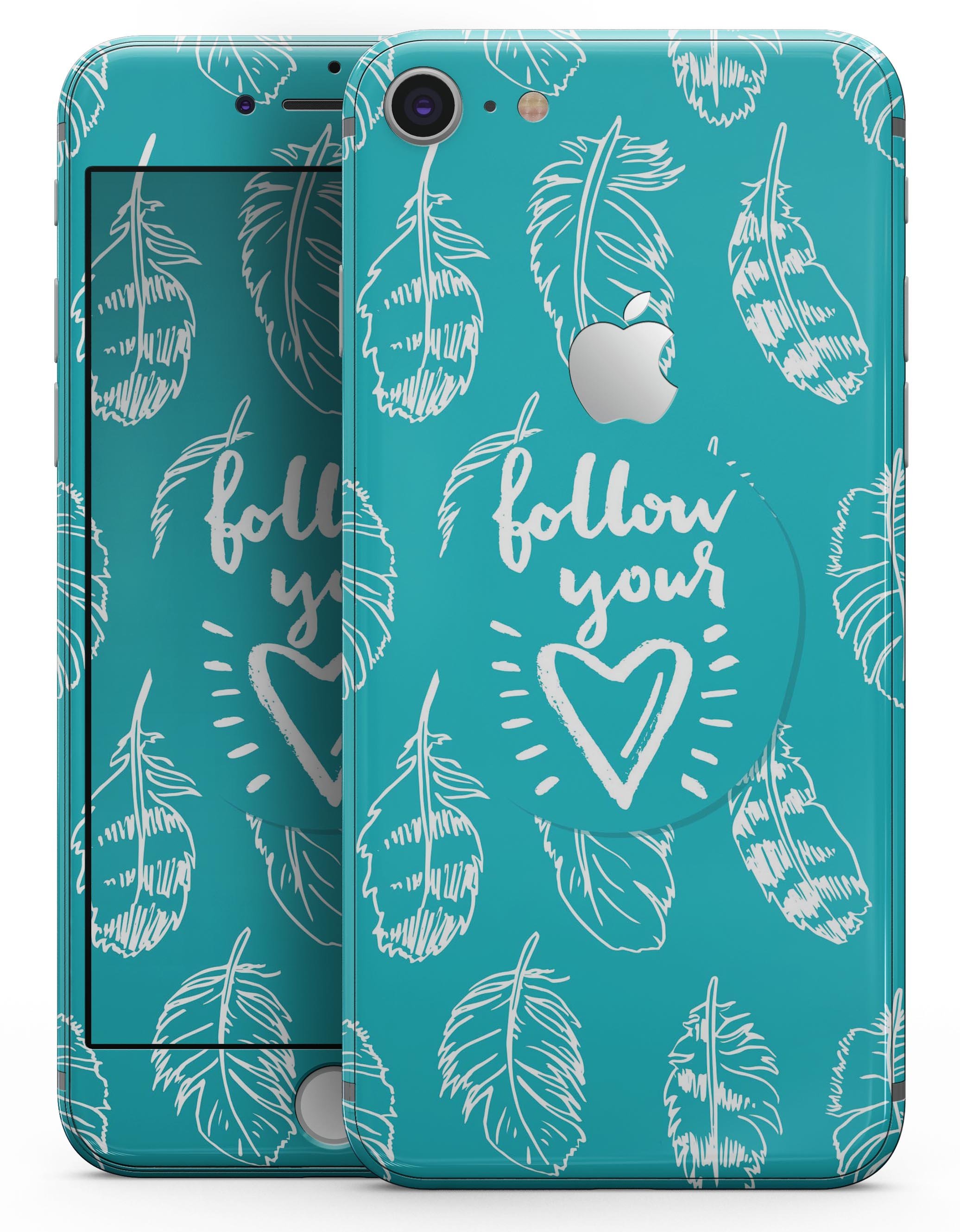 Follow Your Heart Feathers skin-kit for iPhone 8 or 8 Plus, showcasing a colorful feather design on a sleek device.