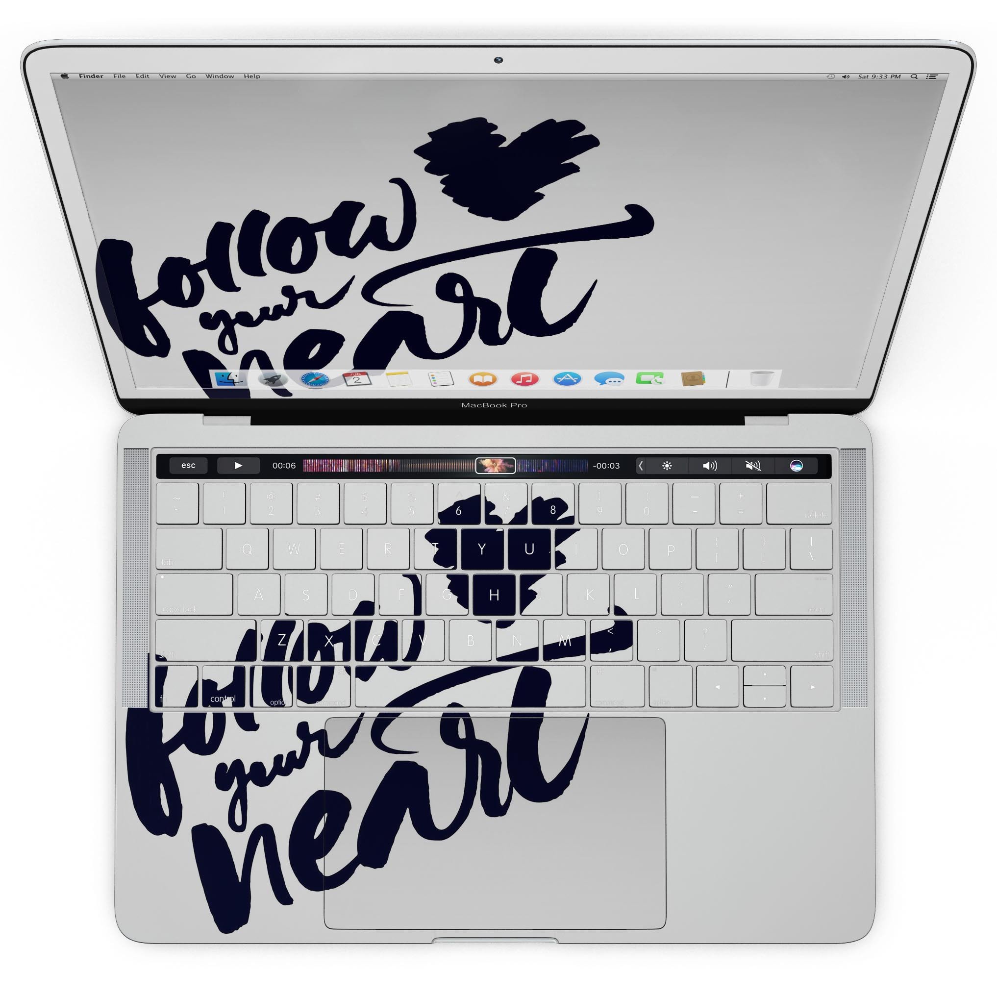 Stylish Follow Your Heart skin kit for MacBook Pro with Touch Bar, showcasing gloss and matte finishes.