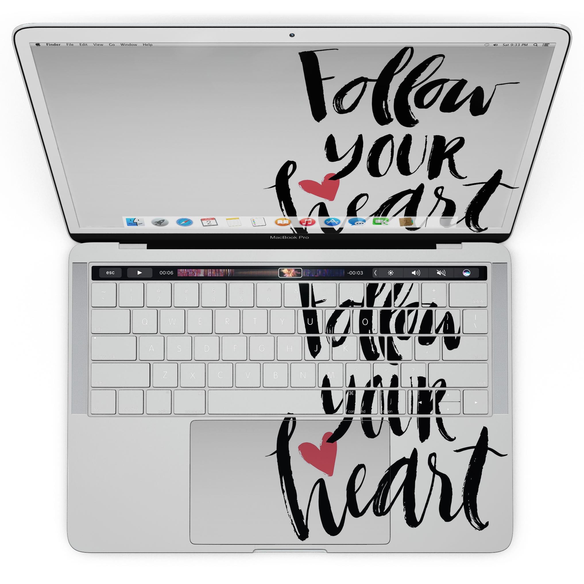 Follow Your Heart V2 Skin Kit for MacBook Pro with Touch Bar, showcasing a stylish design in gloss or matte finish.