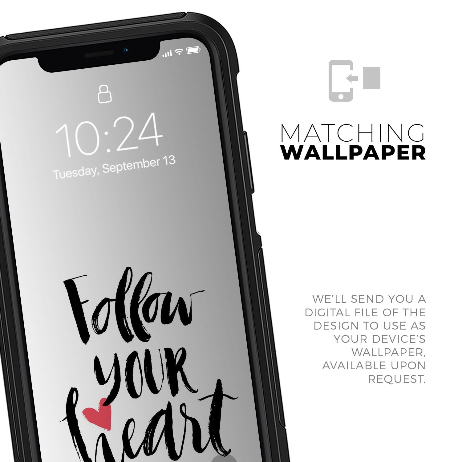 Follow Your Heart V2 Skin Kit designed for iPhone OtterBox cases, showcasing vibrant graphics and a sleek finish.