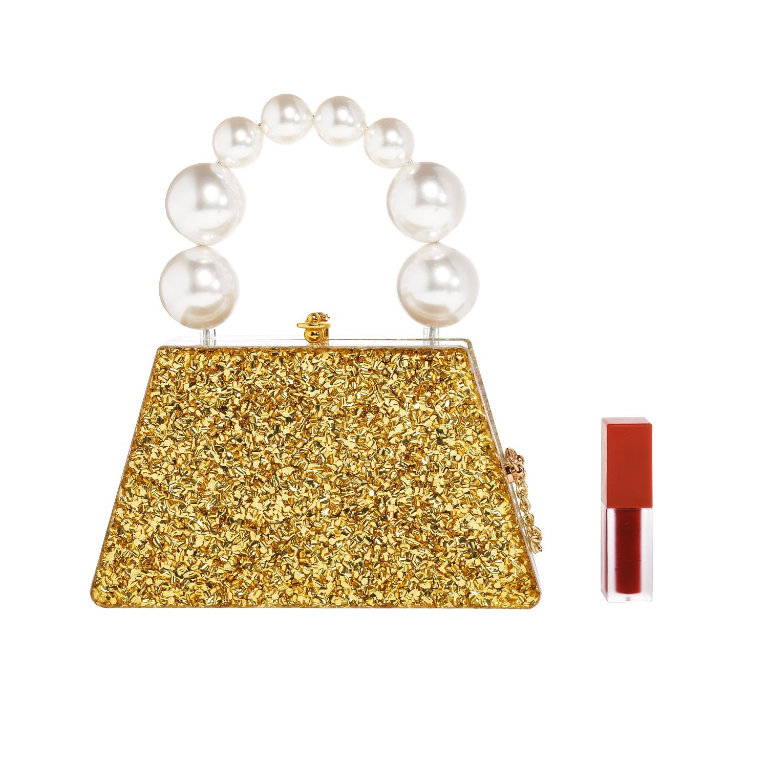 Forever Love Glitter Top Handle Acrylic Clutch featuring a two-tone gold and silver design with a pearl top handle.