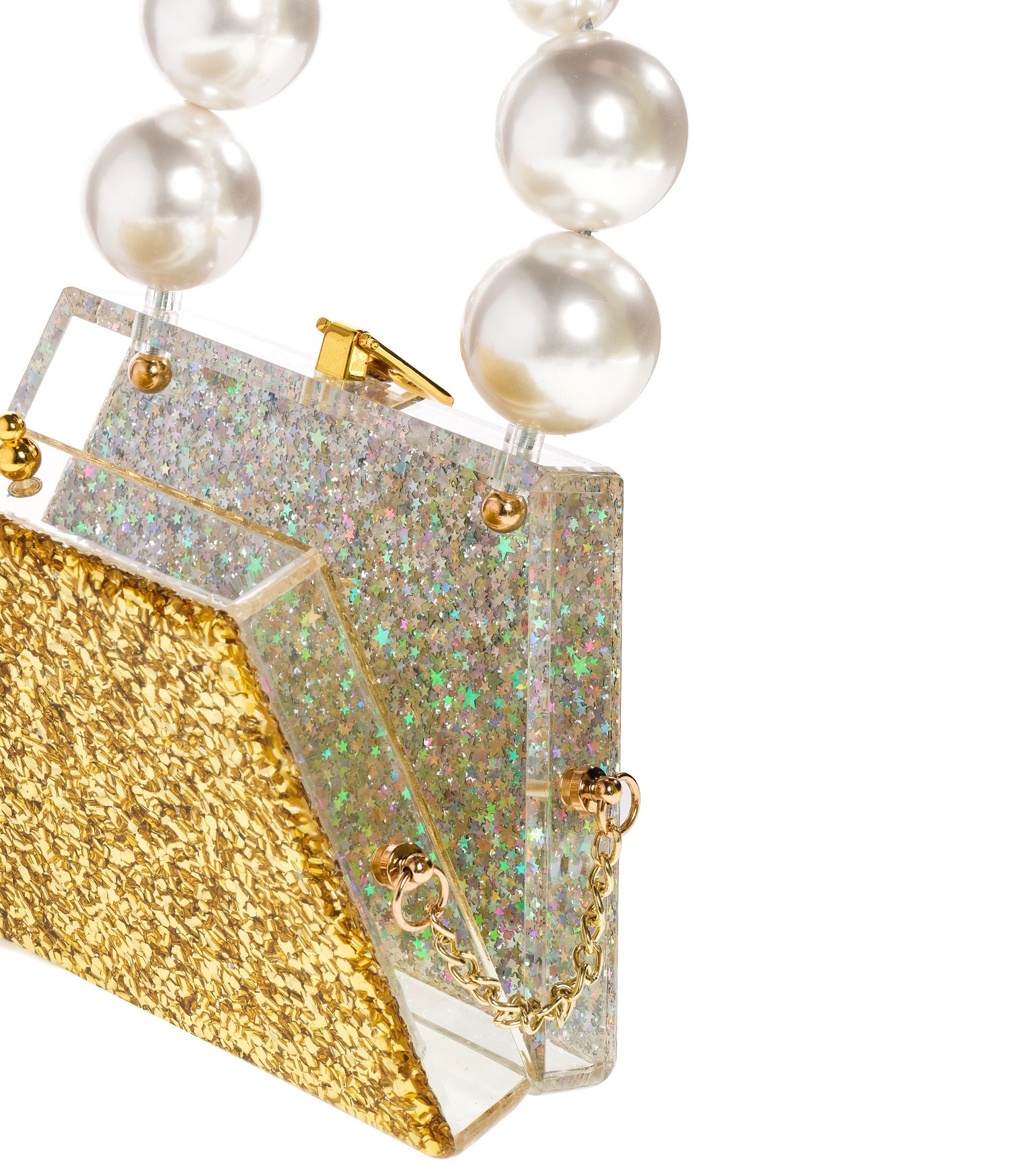 Forever Love Glitter Top Handle Acrylic Clutch featuring a two-tone gold and silver design with a pearl top handle.