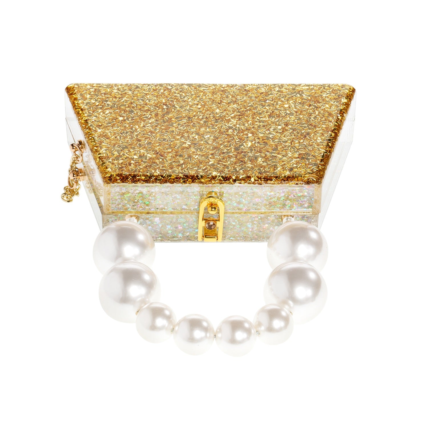 Forever Love Glitter Top Handle Acrylic Clutch featuring a two-tone gold and silver design with a pearl top handle.