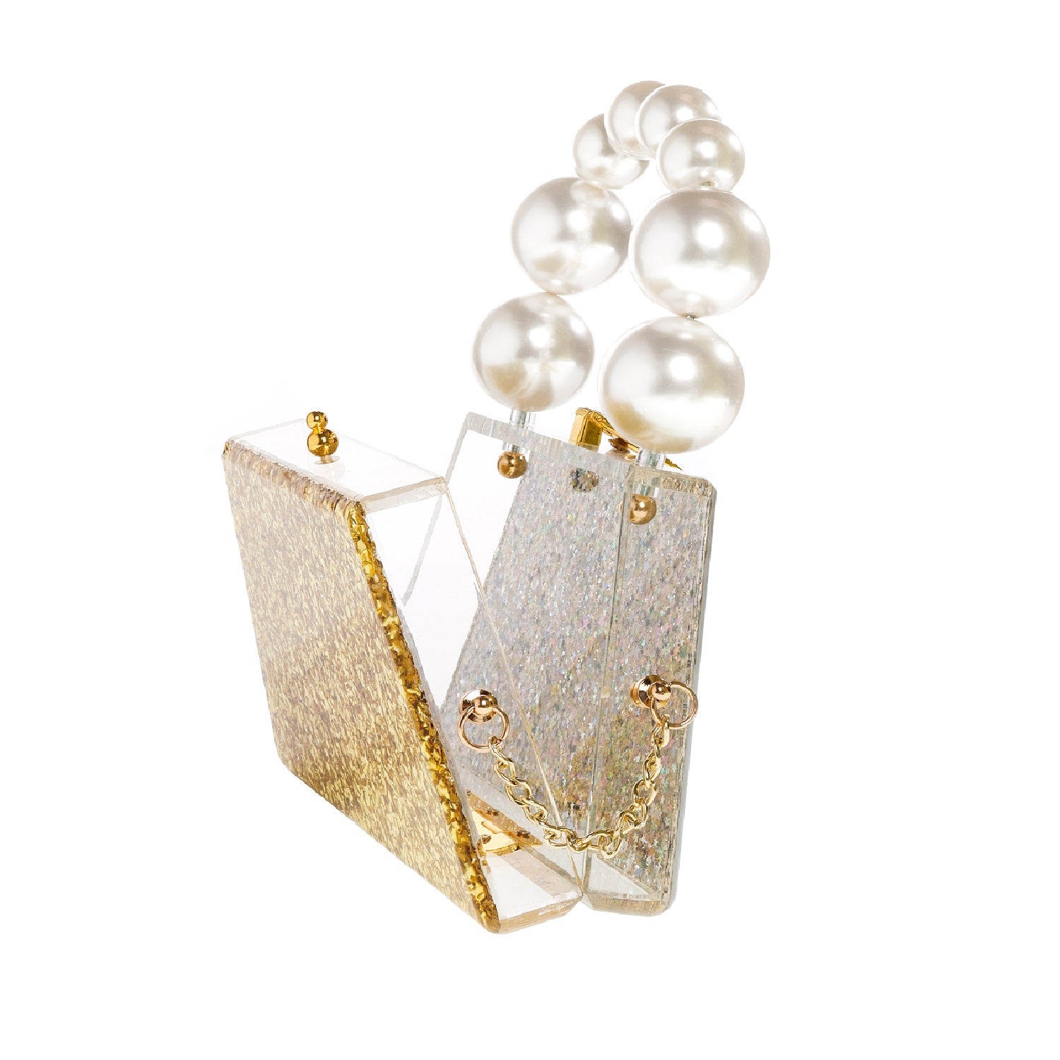 Forever Love Glitter Top Handle Acrylic Clutch featuring a two-tone gold and silver design with a pearl top handle.