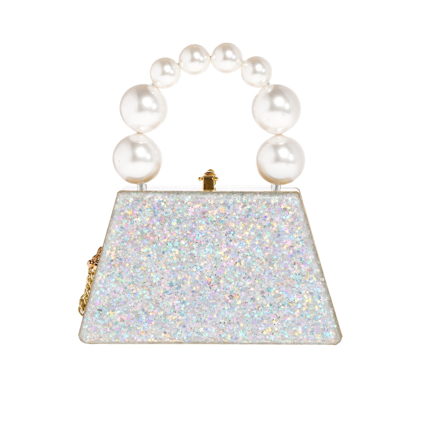 Forever Love Glitter Top Handle Acrylic Clutch featuring a two-tone gold and silver design with a pearl top handle.