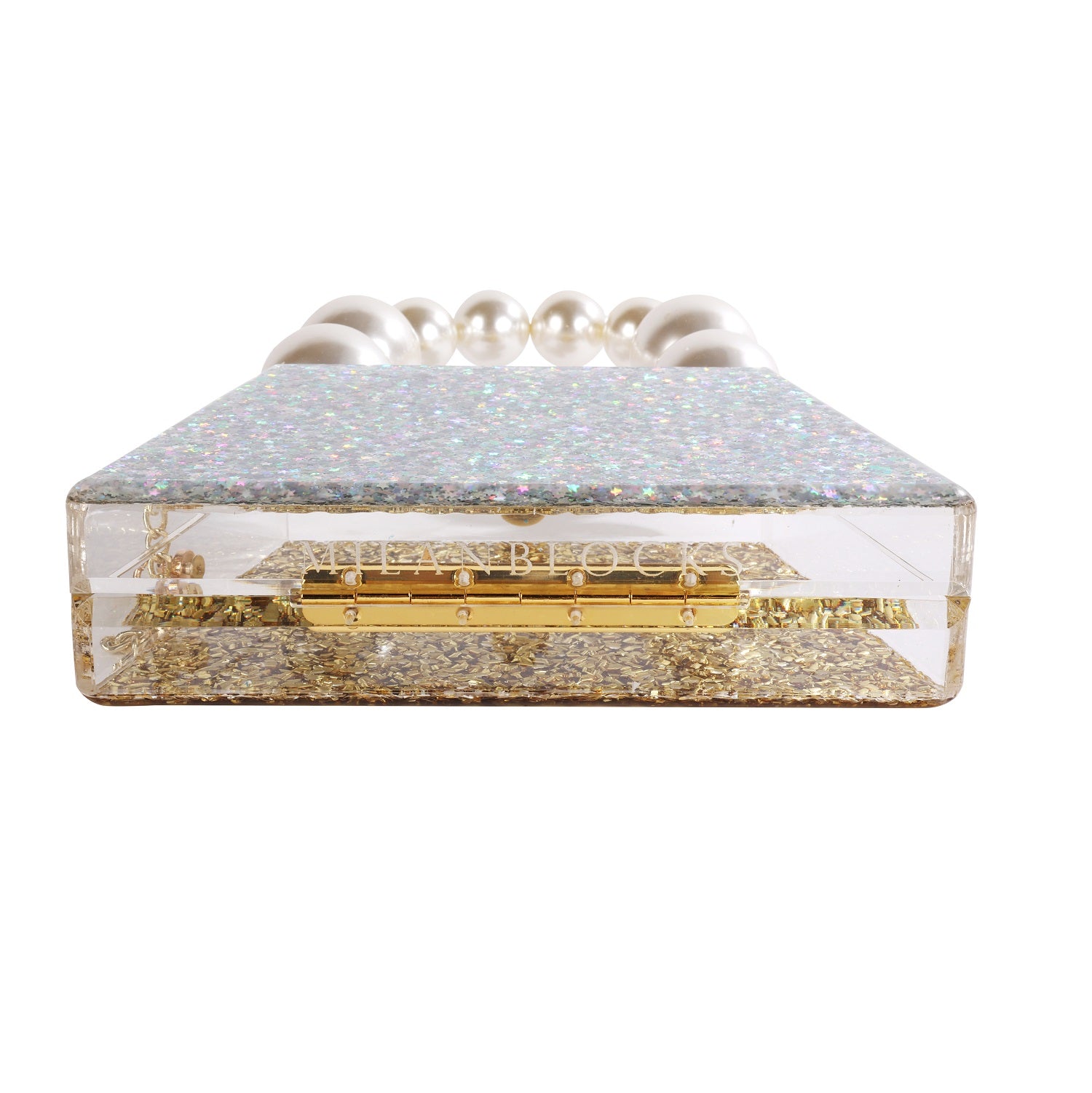 Forever Love Glitter Top Handle Acrylic Clutch featuring a two-tone gold and silver design with a pearl top handle.