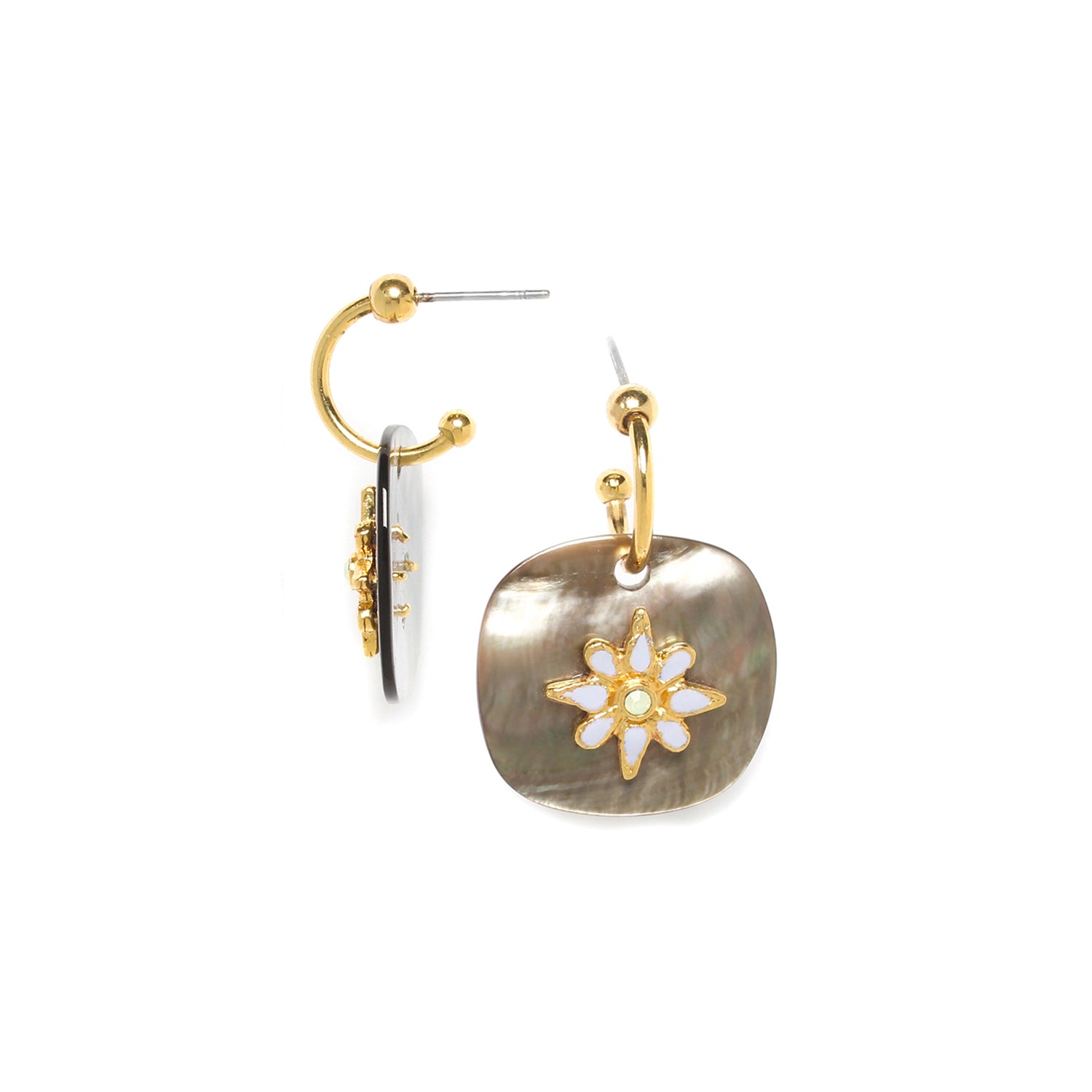 Franck Herval Alexa Creole earrings featuring black mother-of-pearl and pastel hand-enamelled flowers, showcasing elegance and charm.