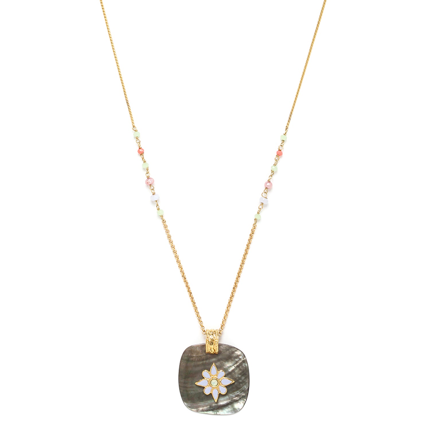 Franck Herval Alexa Long Necklace featuring black mother-of-pearl and pastel enamel flowers, showcasing elegance and charm.