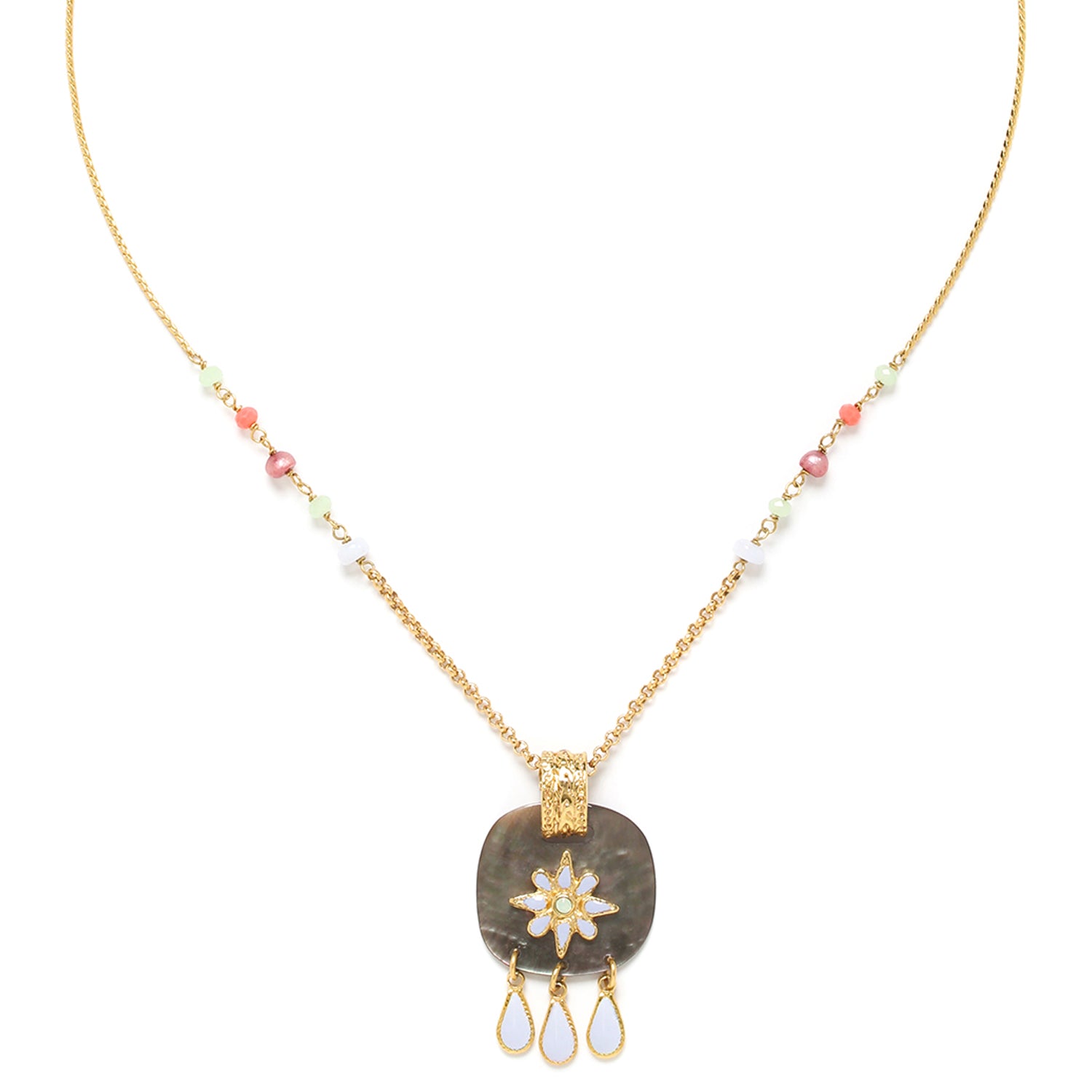 Franck Herval Alexa Square Pendant Necklace featuring black mother-of-pearl and pastel enamel flowers, elegantly designed for women.