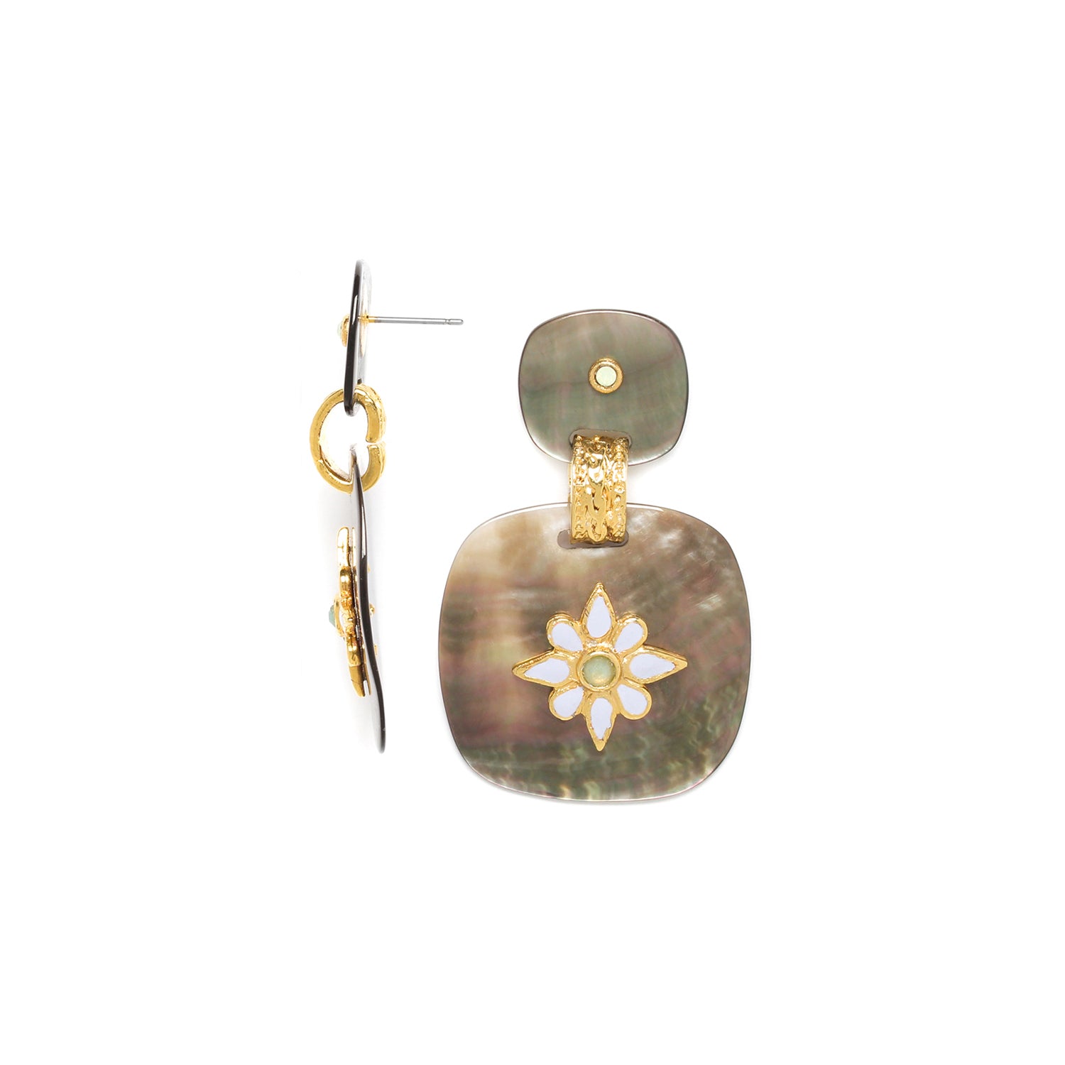 Franck Herval Alexa XL Post Blacklip Earrings featuring black mother-of-pearl and pastel enamel flowers, elegantly designed for women.