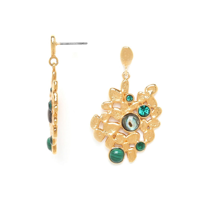 Franck Herval Becky Flat Oval Earrings featuring organic design with white mother-of-pearl, abalone, and malachite in green hues.