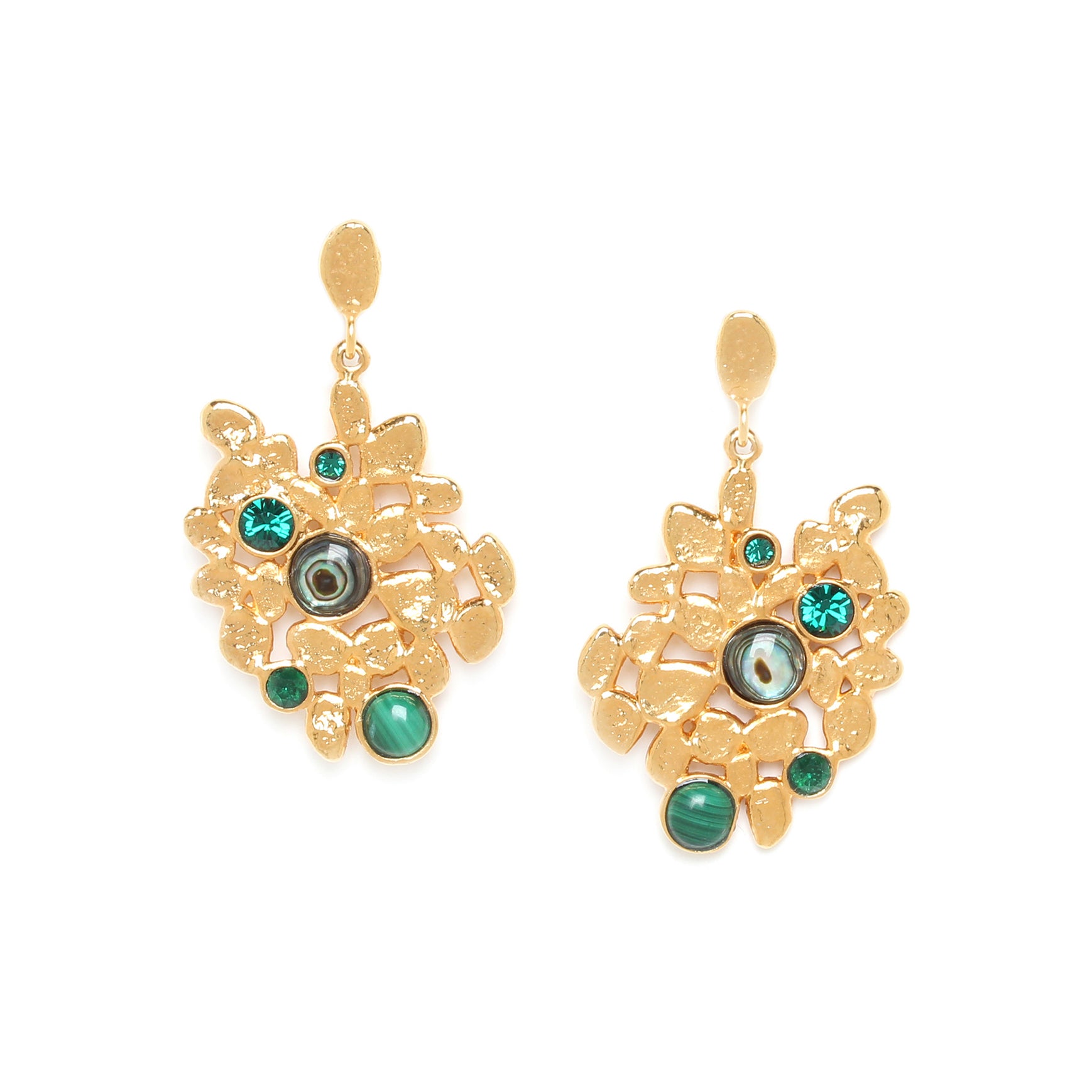 Franck Herval Becky Flat Oval Earrings featuring organic design with white mother-of-pearl, abalone, and malachite in green hues.