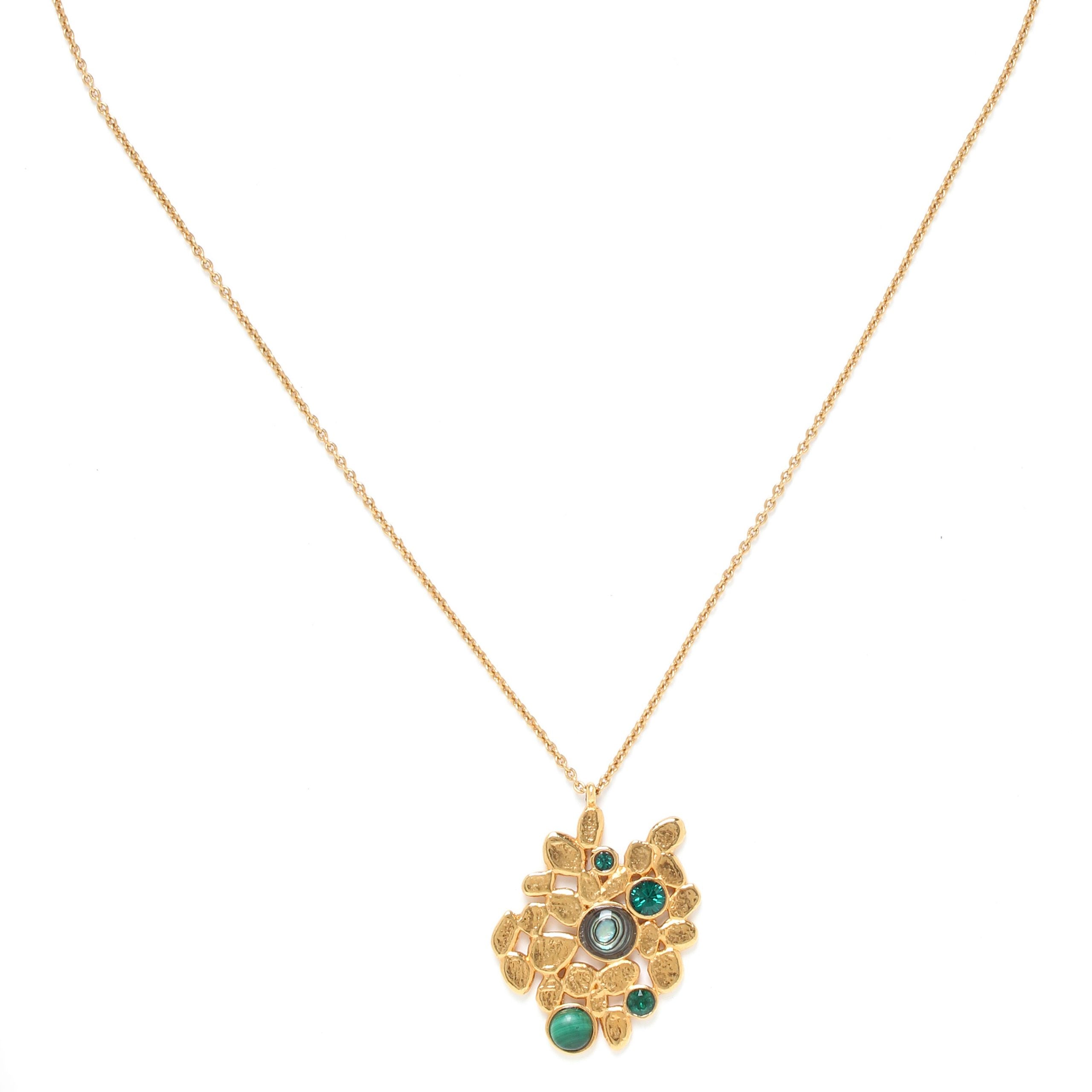 Franck Herval Becky Green Y Necklace featuring white mother-of-pearl, abalone, and malachite in an elegant Y design.