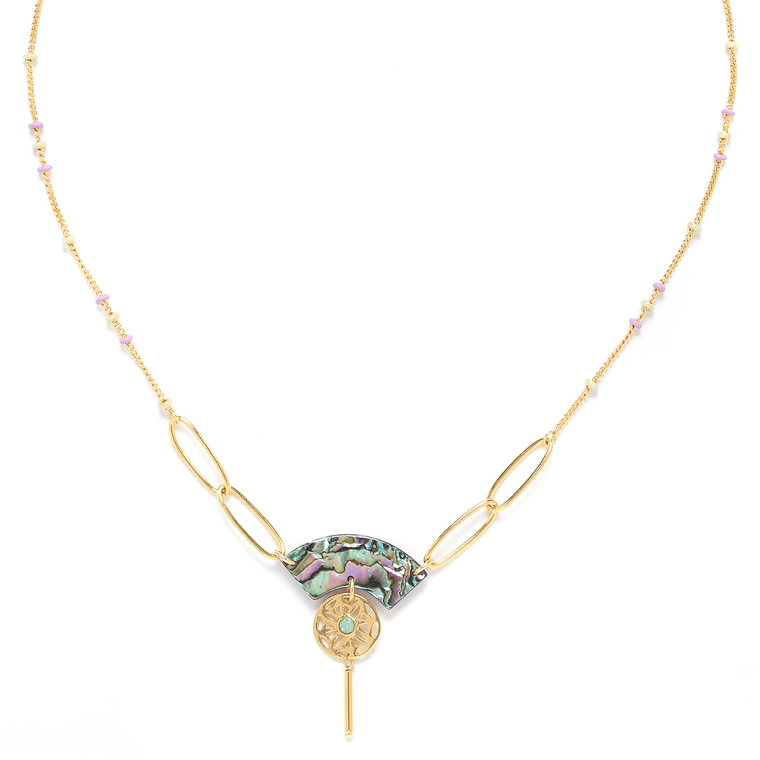 Franck Herval June Paua Fan Necklace featuring abalone mother-of-pearl and intricate engravings in a fan shape.