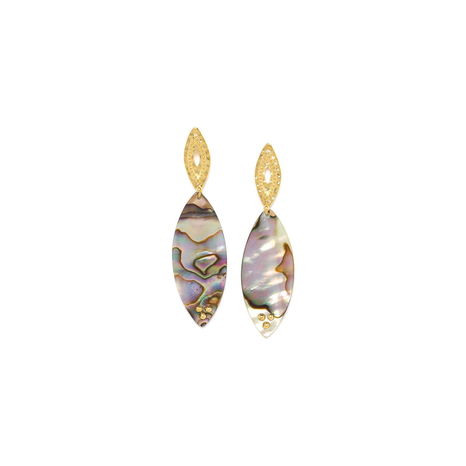 Franck Herval Sasha Paua Shell Post Earring featuring gilded metal and iridescent abalone shell.